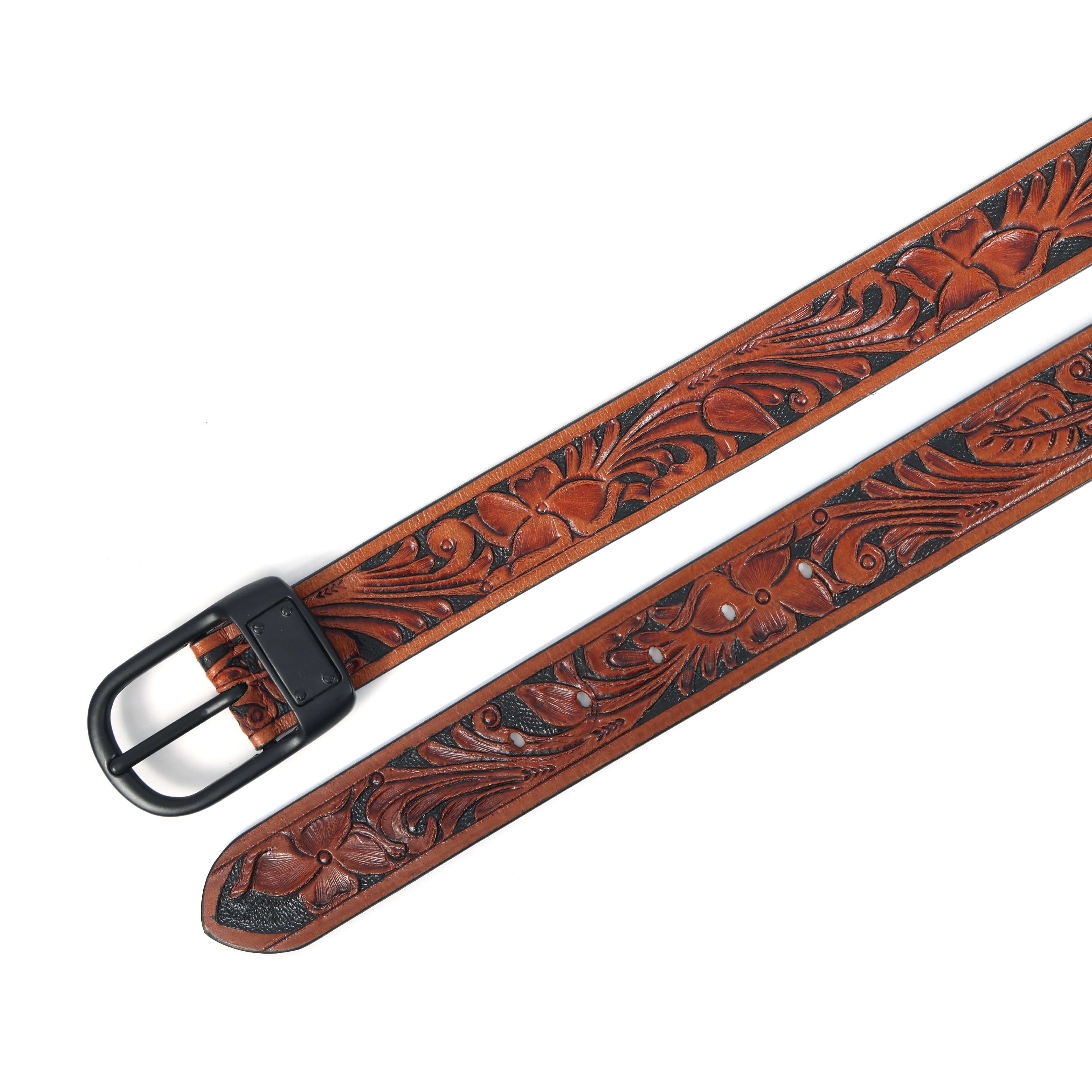Unisex Genuine Leather Brown Floral Tooled Western Waistbelt Matte Black Buckle - Image 7