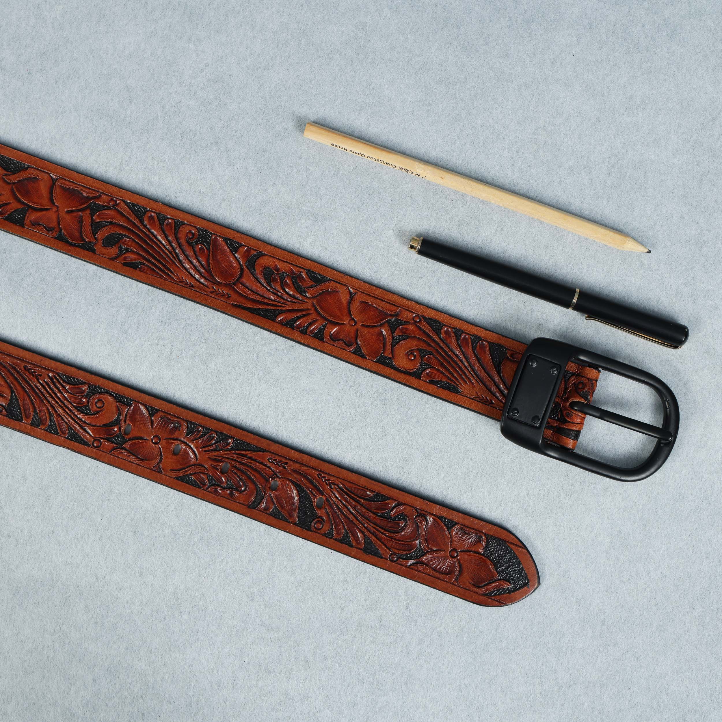 Unisex Genuine Leather Brown Floral Tooled Western Waistbelt Matte Black Buckle - Image 8