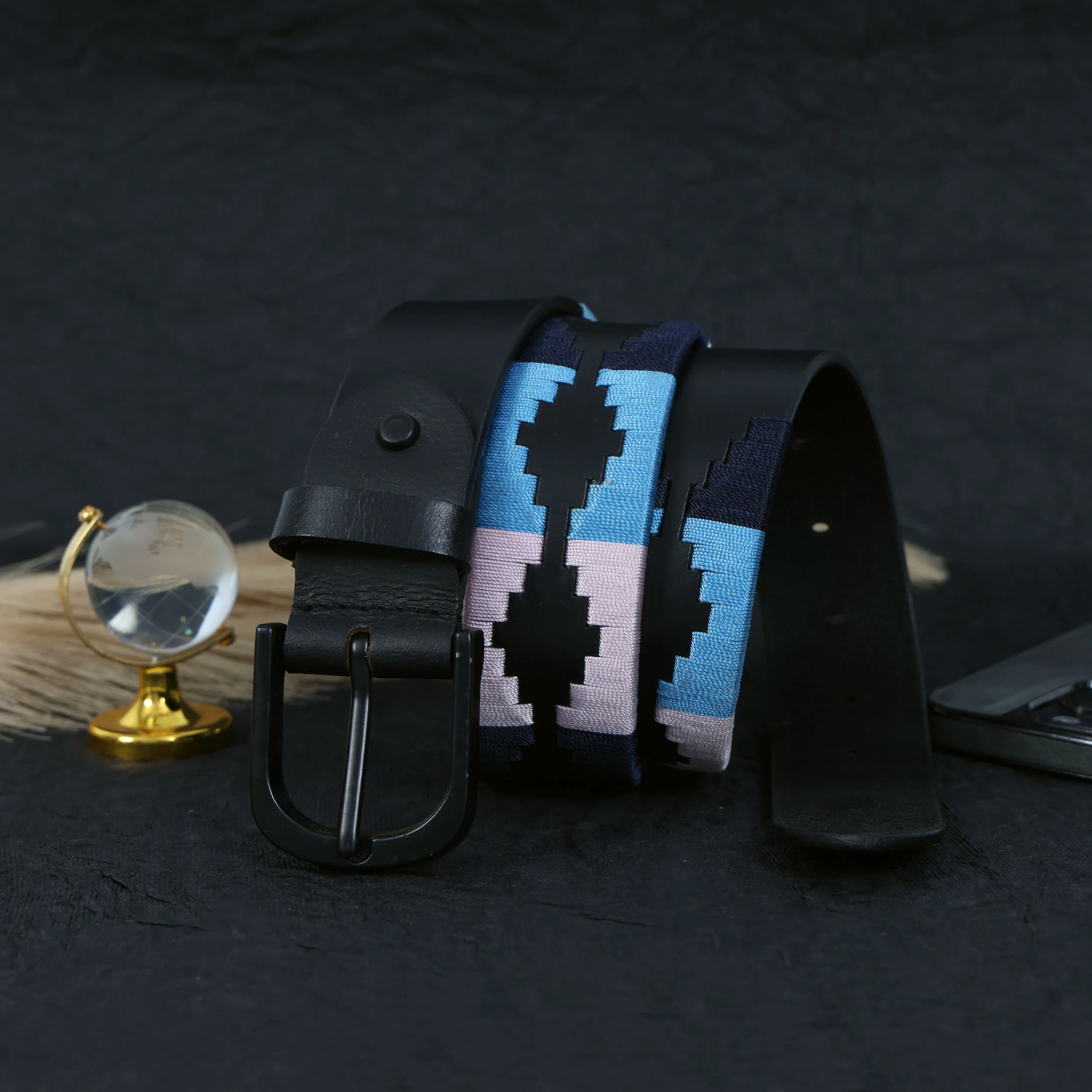 Unisex Handcrafted Leather Belt With Geometric Woven Fabric Accent And Vintage Metal Buckle - Image 2