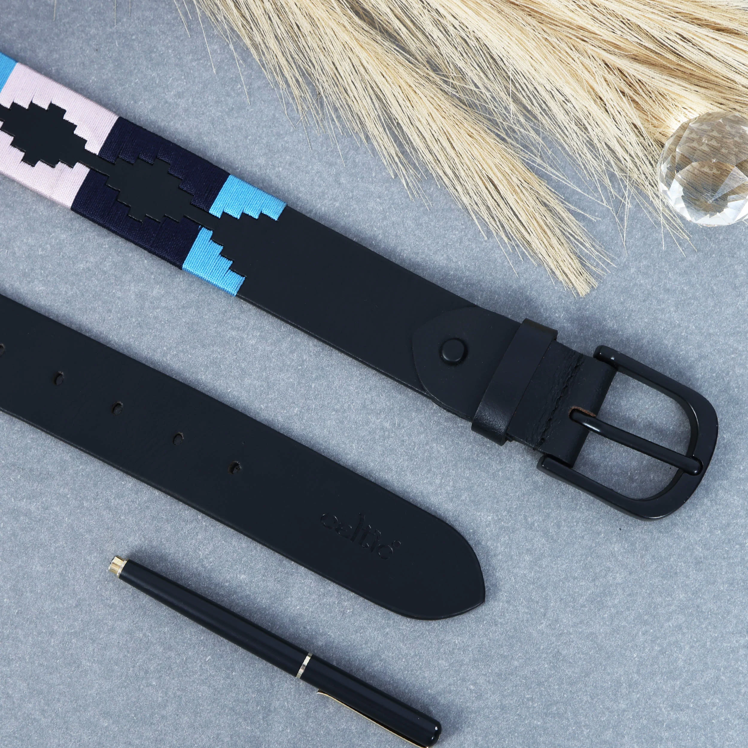 Unisex Handcrafted Leather Belt With Geometric Woven Fabric Accent And Vintage Metal Buckle - Image 3