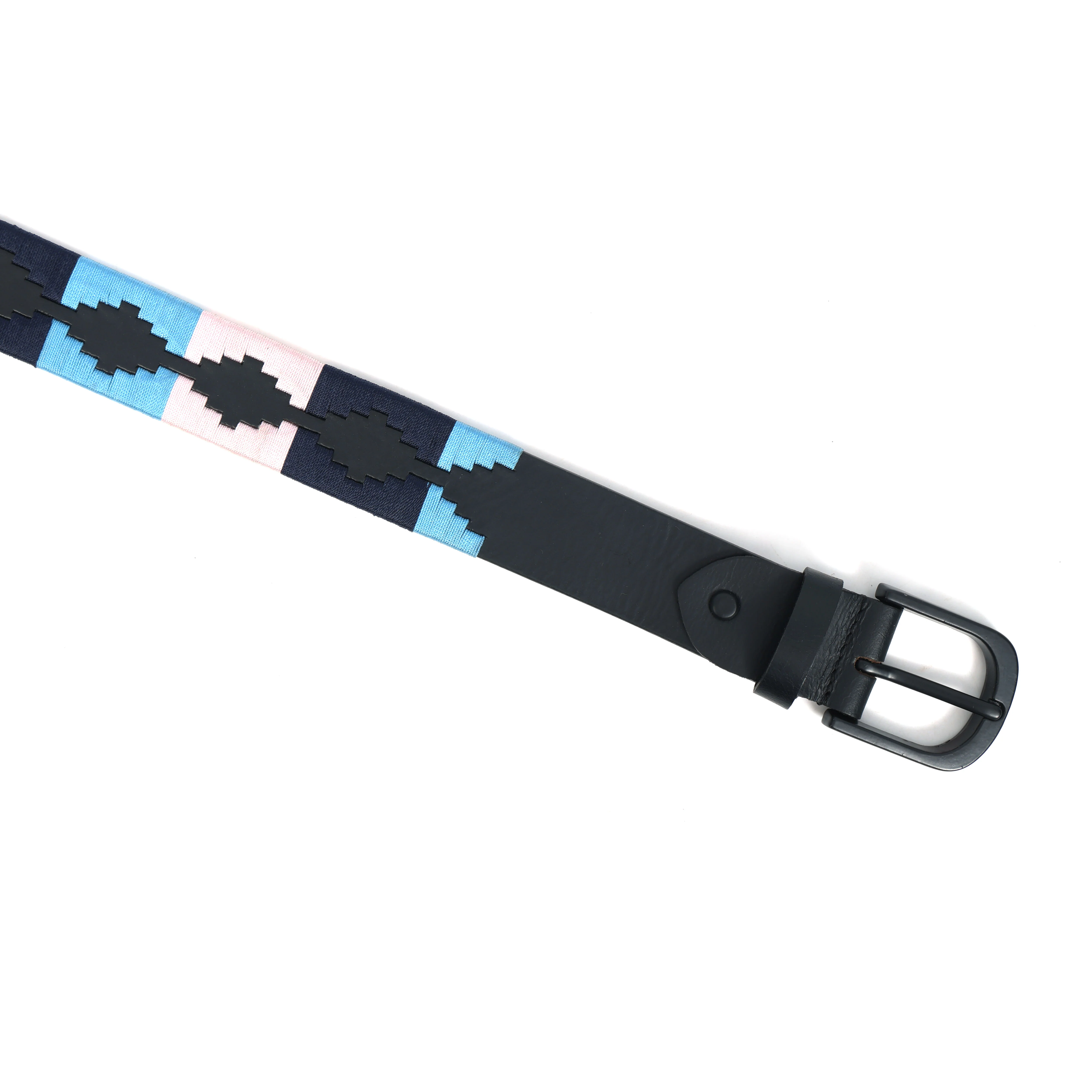 Unisex Handcrafted Leather Belt With Geometric Woven Fabric Accent And Vintage Metal Buckle - Image 4