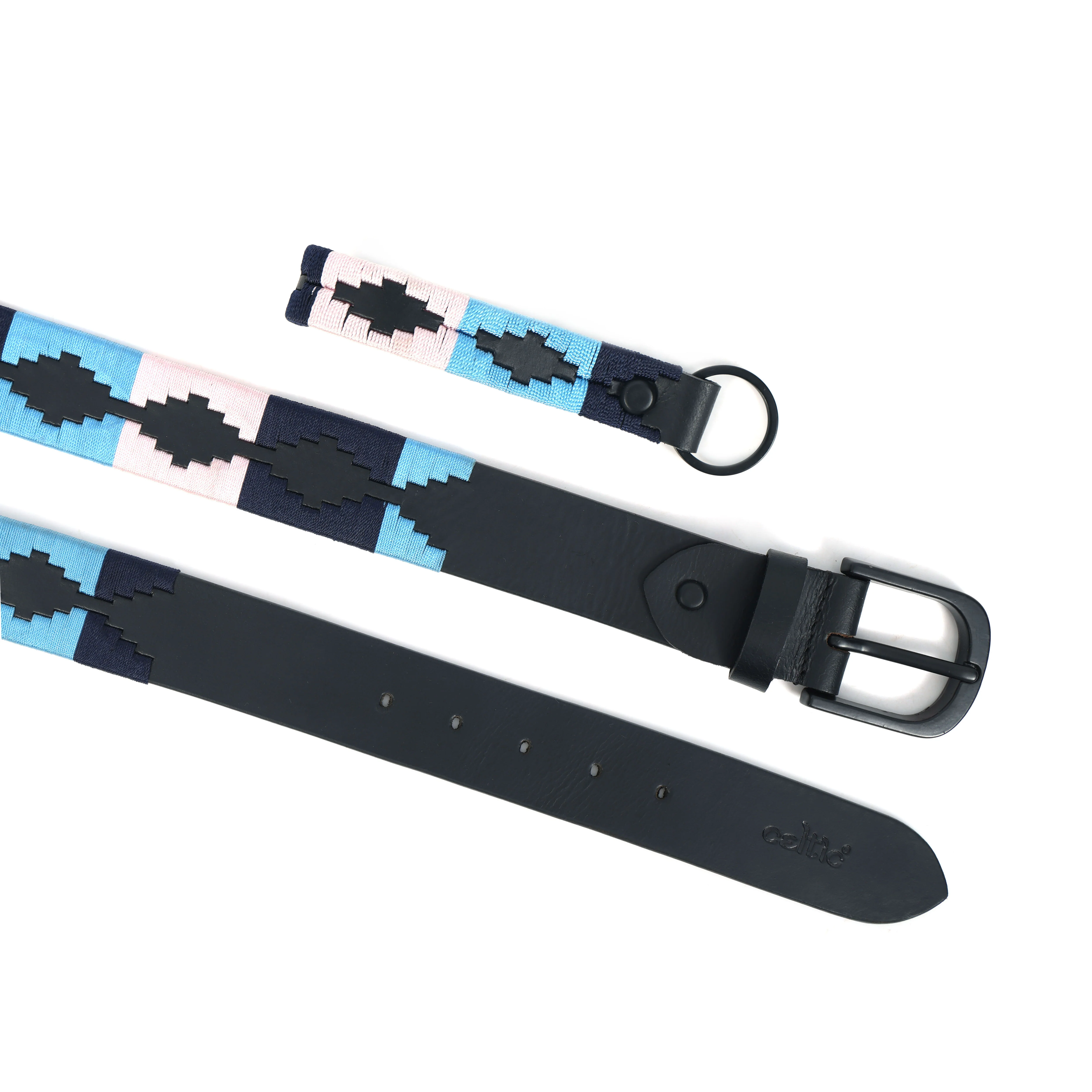 Unisex Handcrafted Leather Belt With Geometric Woven Fabric Accent And Vintage Metal Buckle - Image 9