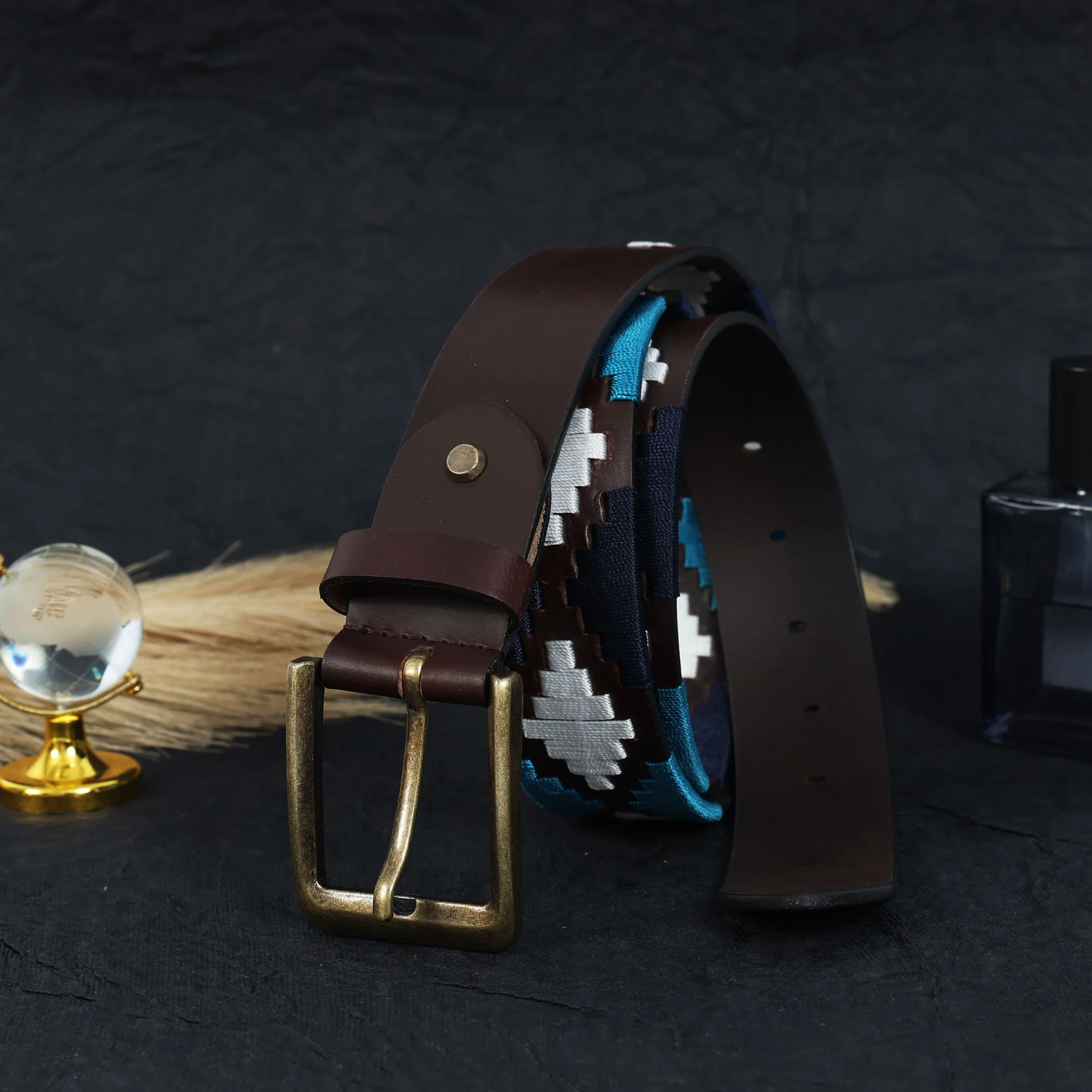 Premium Brown Leather Belt with Golden Buckle & Multi-Color Stitching. - Image 2