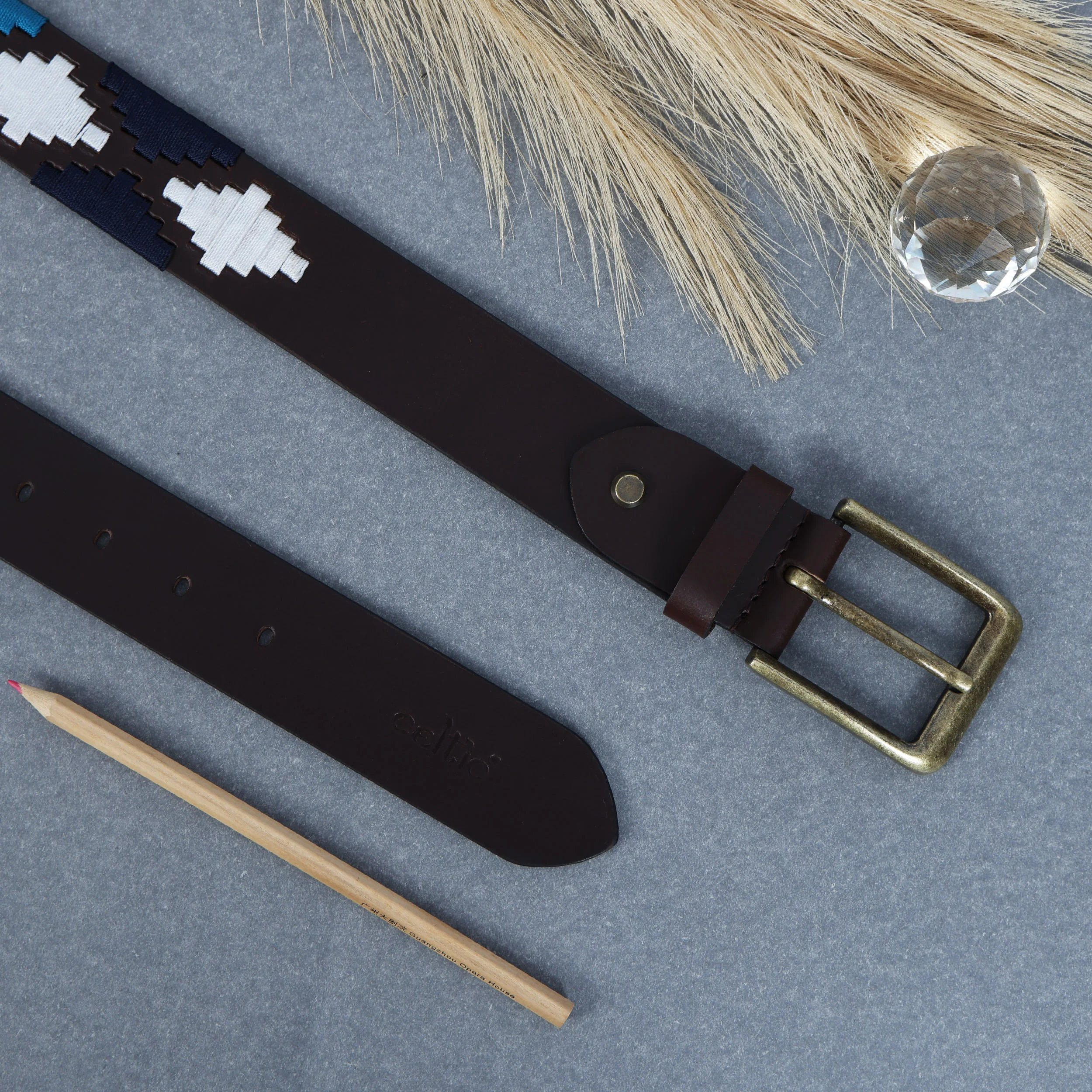 Premium Brown Leather Belt with Golden Buckle & Multi-Color Stitching. - Image 3