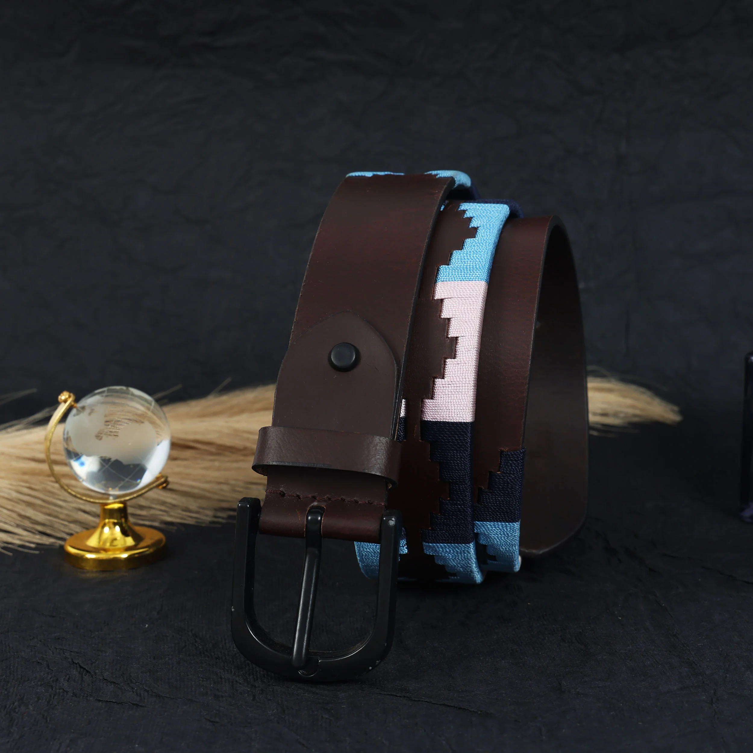 Unisex Handcrafted Ethnic Leather Belt With Geometric Woven Pattern Stylish Casual Wear - Image 2