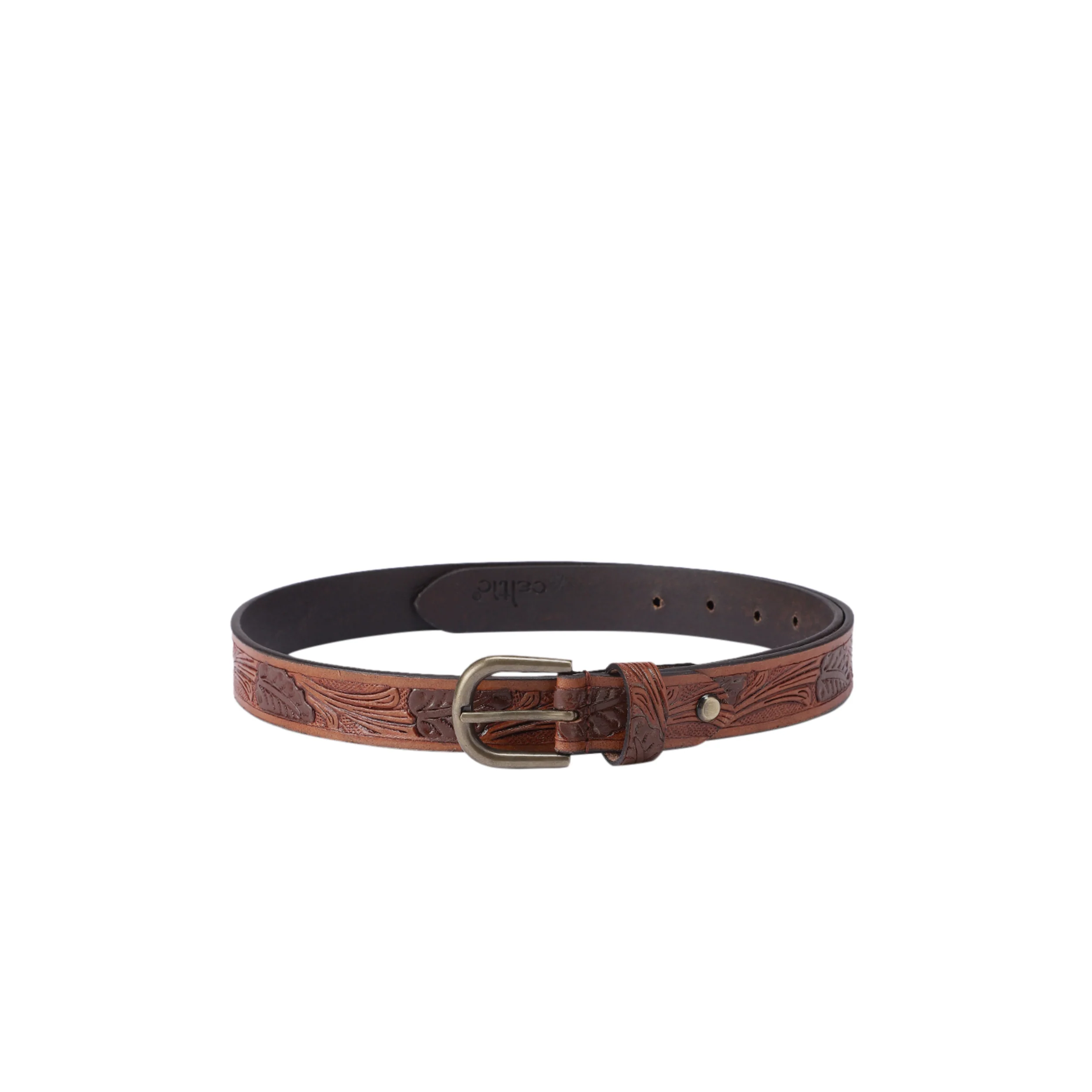 Premium Genuine Leather Tan Brown Embossed Western Floral Waistbelt Antique Brass Buckle - Image 2