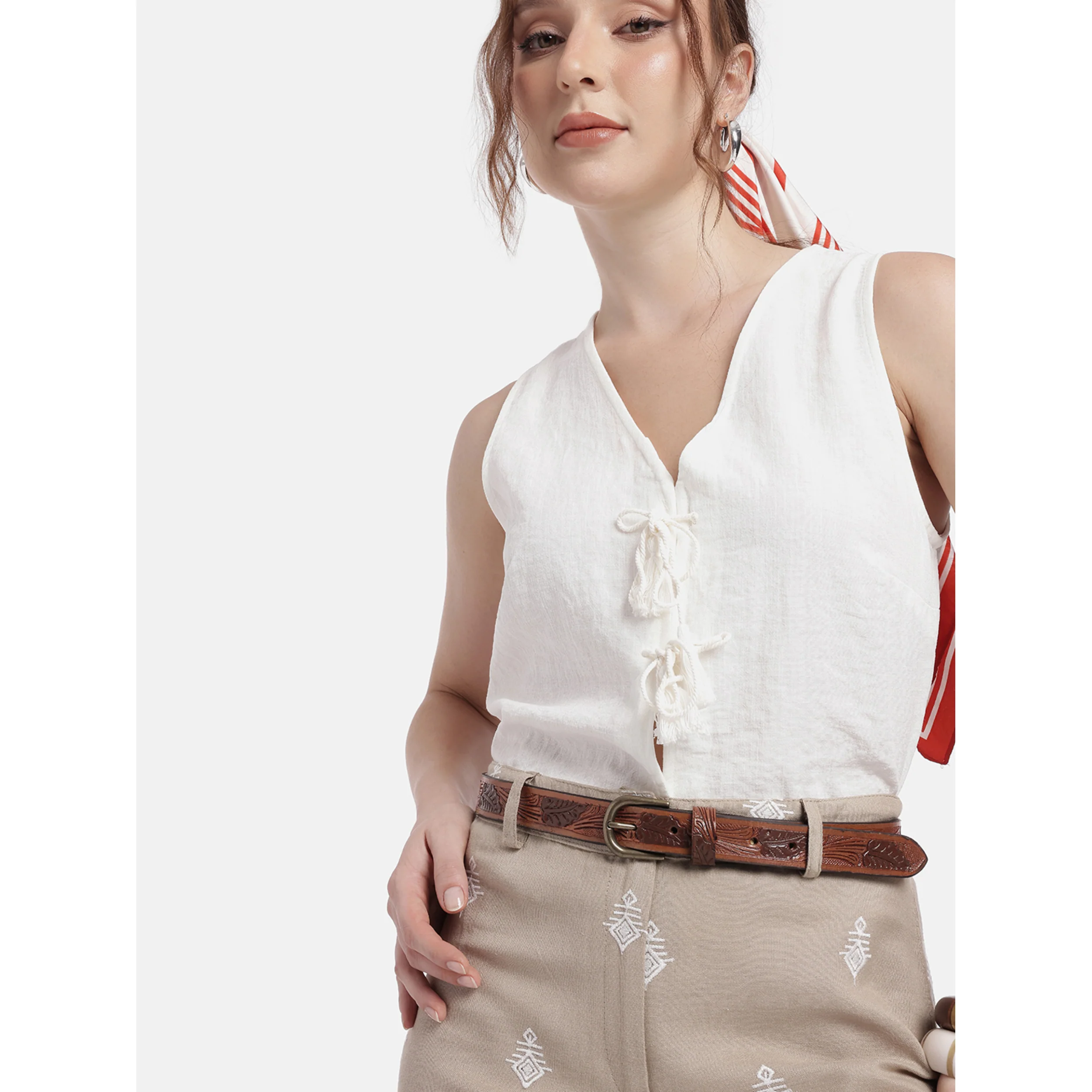 Premium Genuine Leather Tan Brown Embossed Western Floral Waistbelt Antique Brass Buckle - Image 3