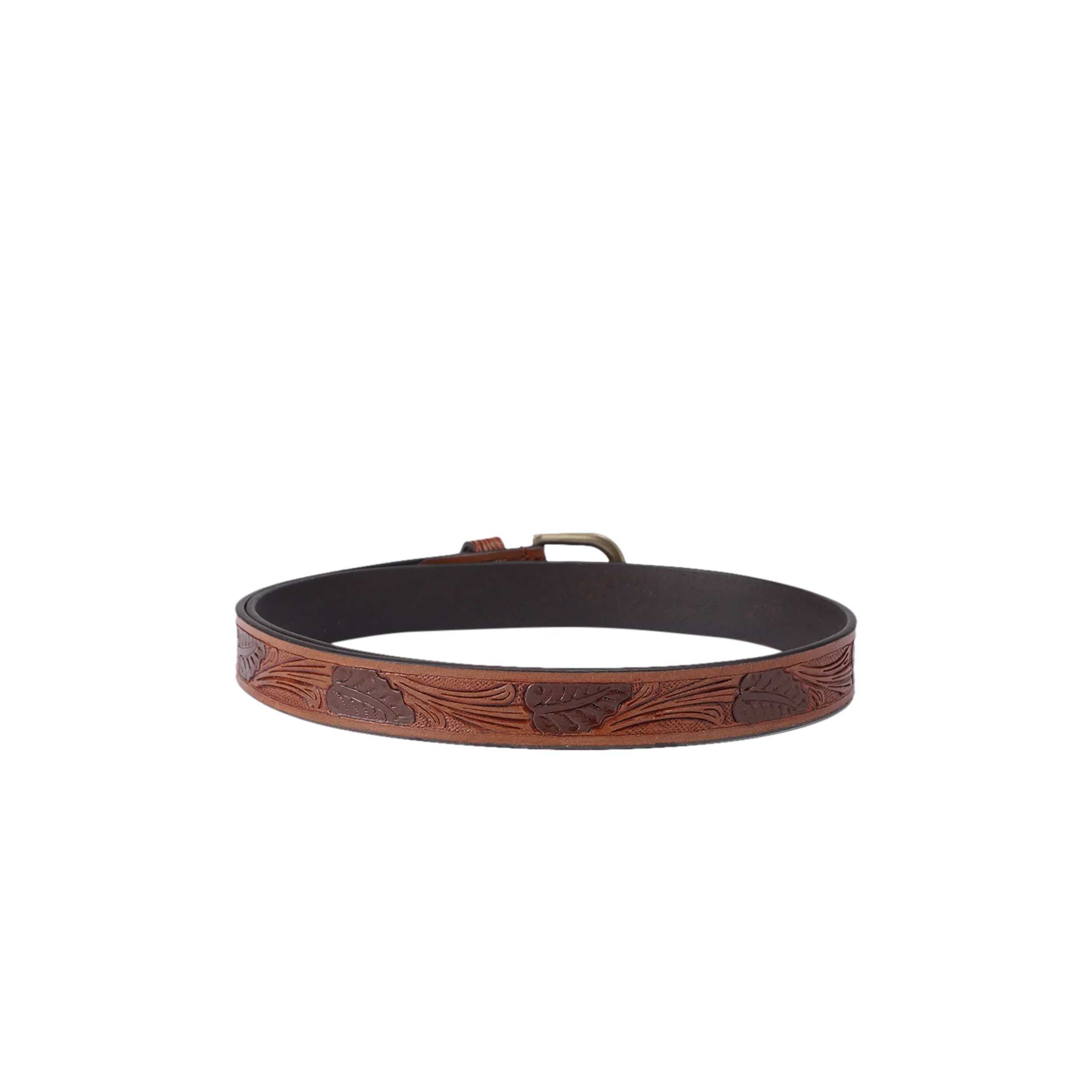 Premium Genuine Leather Tan Brown Embossed Western Floral Waistbelt Antique Brass Buckle - Image 4