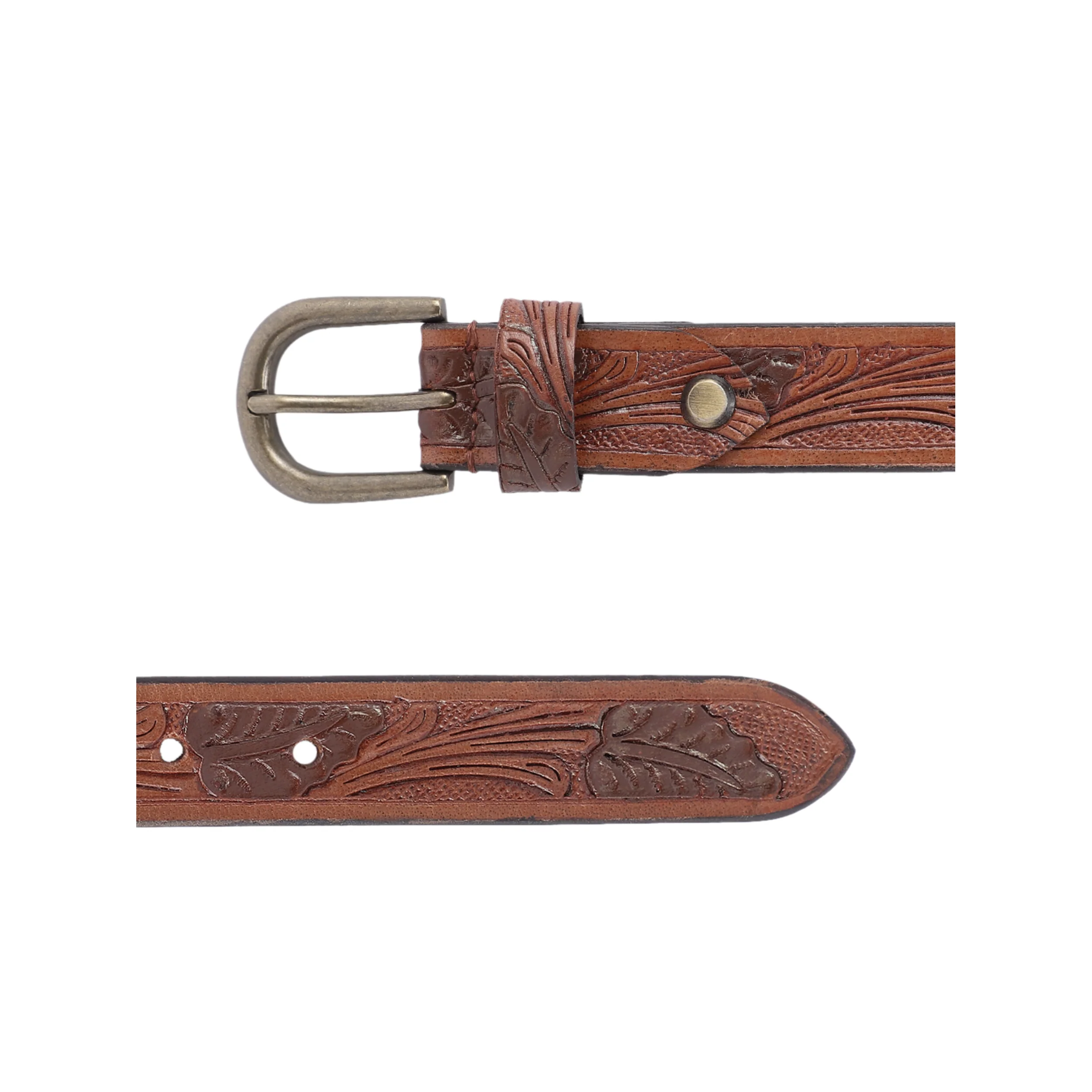 Premium Genuine Leather Tan Brown Embossed Western Floral Waistbelt Antique Brass Buckle - Image 5