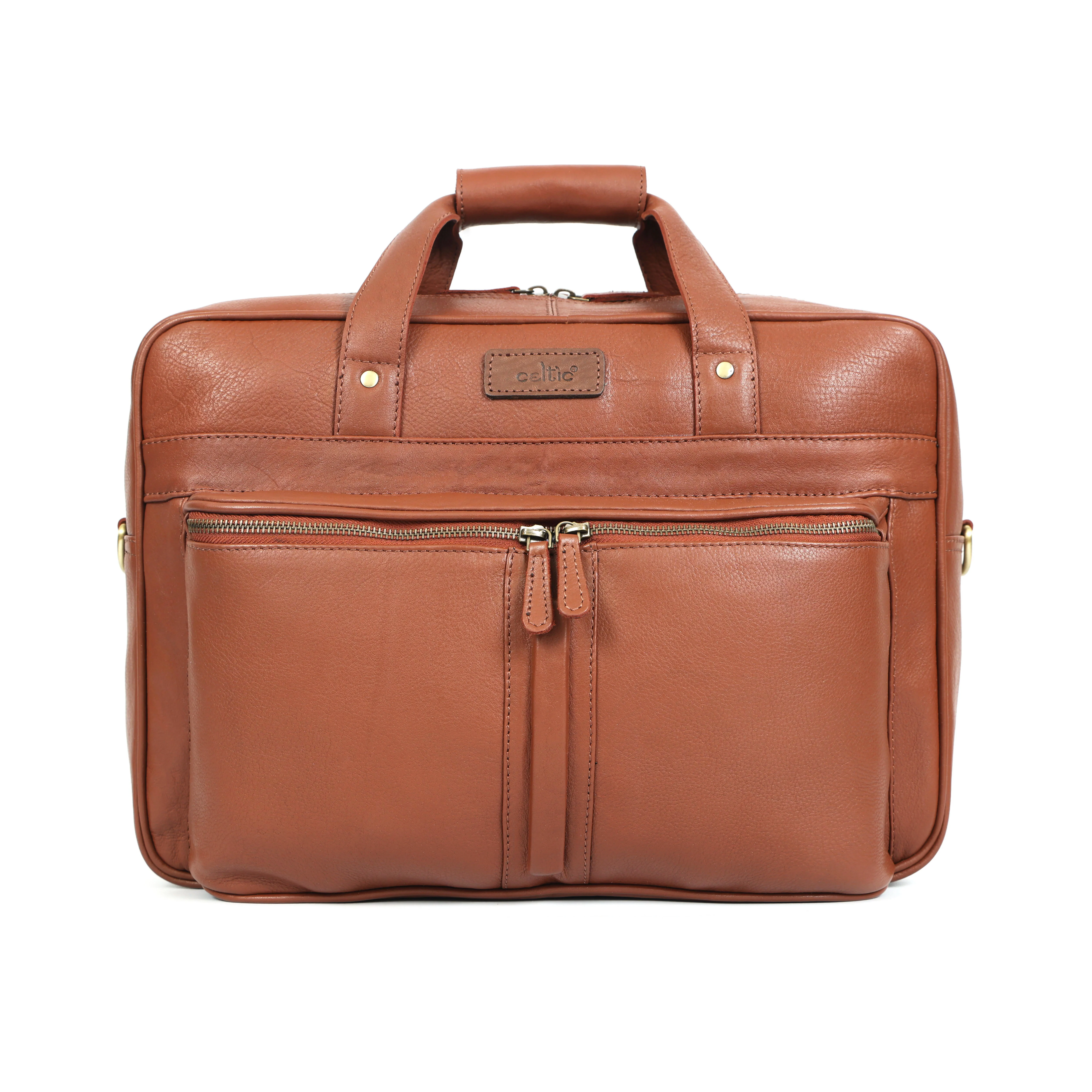 Premium Genuine Leather Office Laptop Bag with Multiple Zip Pockets & Detachable Strap - Image 5