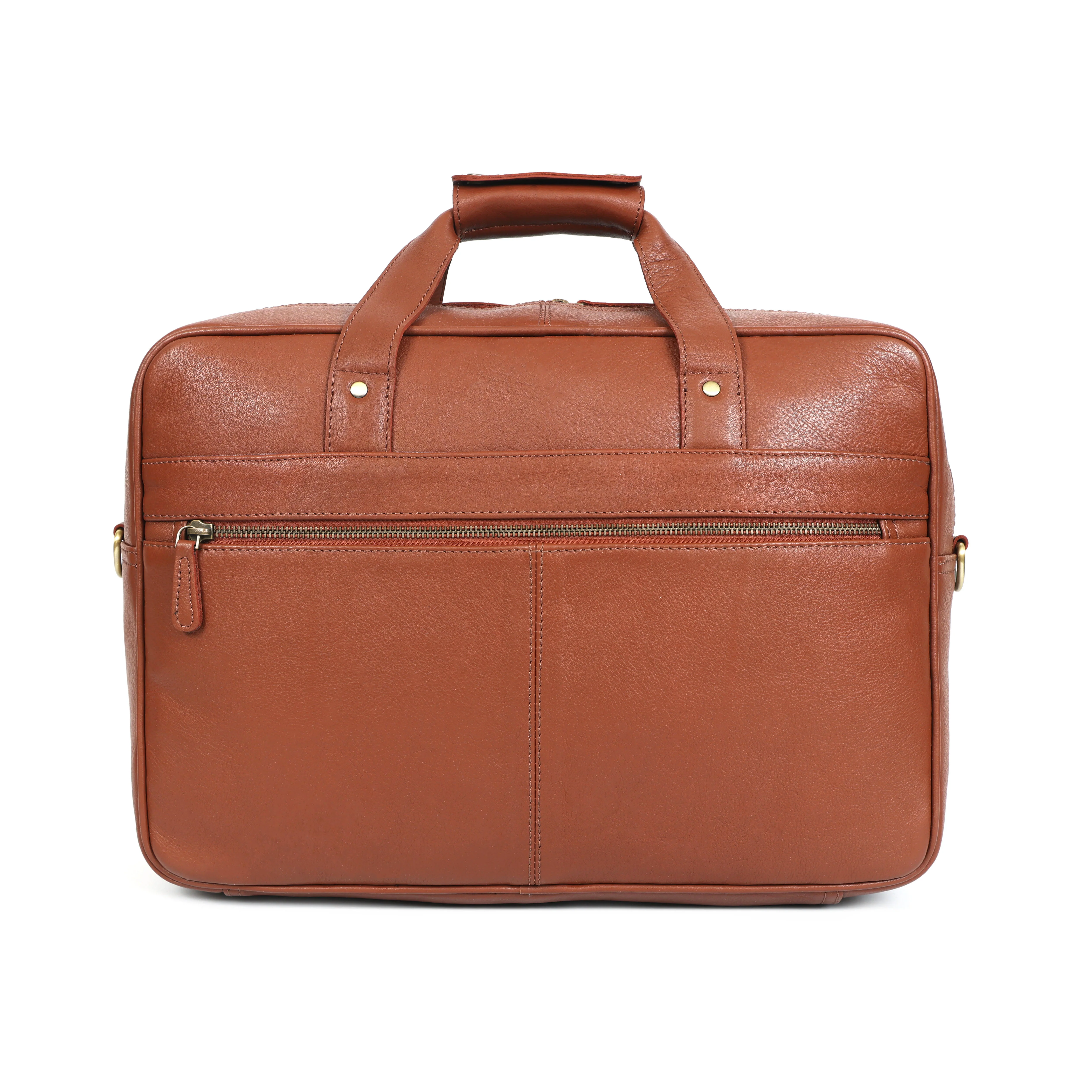 Premium Genuine Leather Office Laptop Bag with Multiple Zip Pockets & Detachable Strap - Image 6