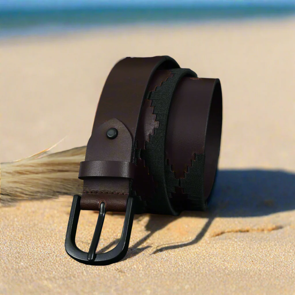 Unisex Handcrafted Leather Fabric Belt With Geometric Pattern Matte Black Buckle. - Image 2