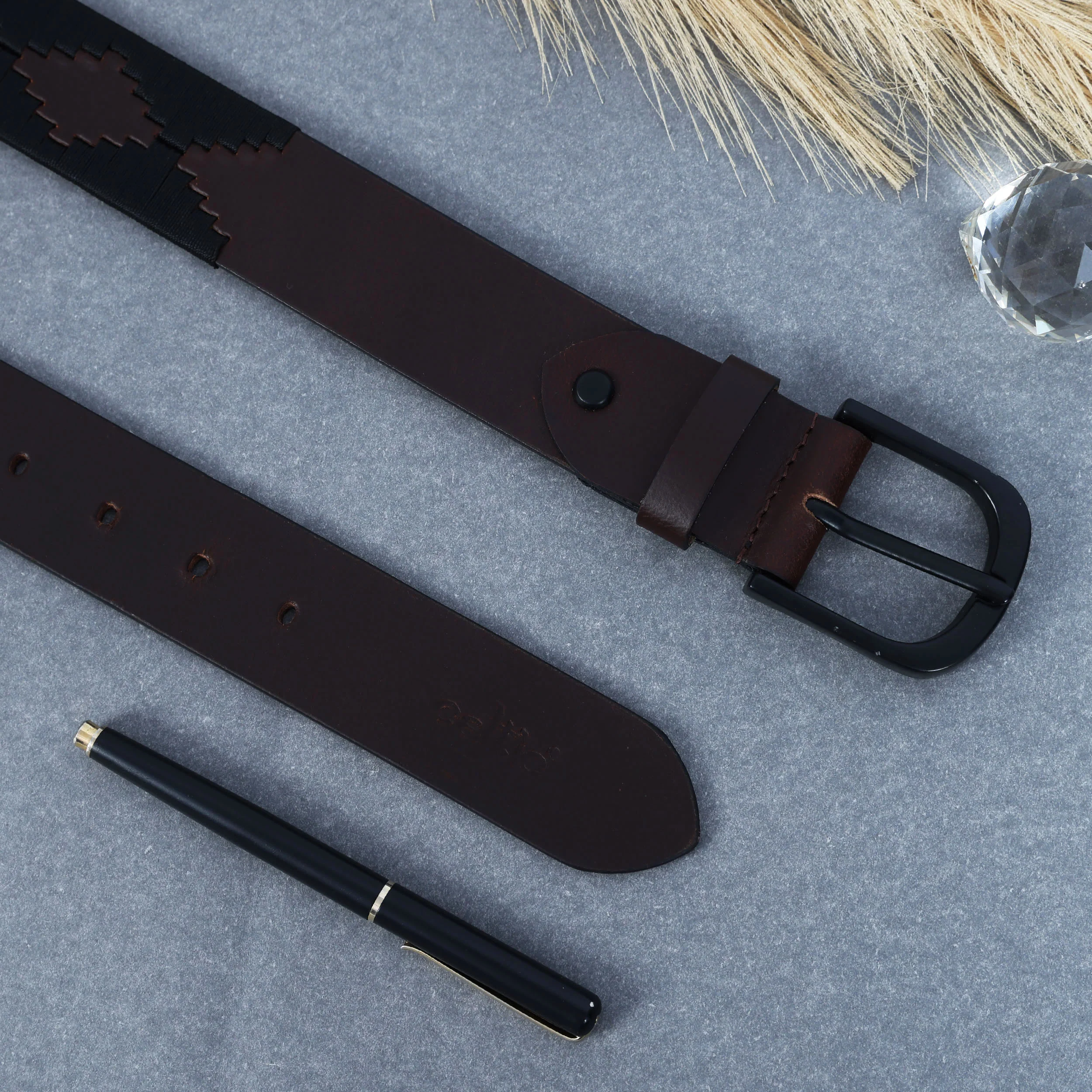 Unisex Handcrafted Leather Fabric Belt With Geometric Pattern Matte Black Buckle. - Image 3