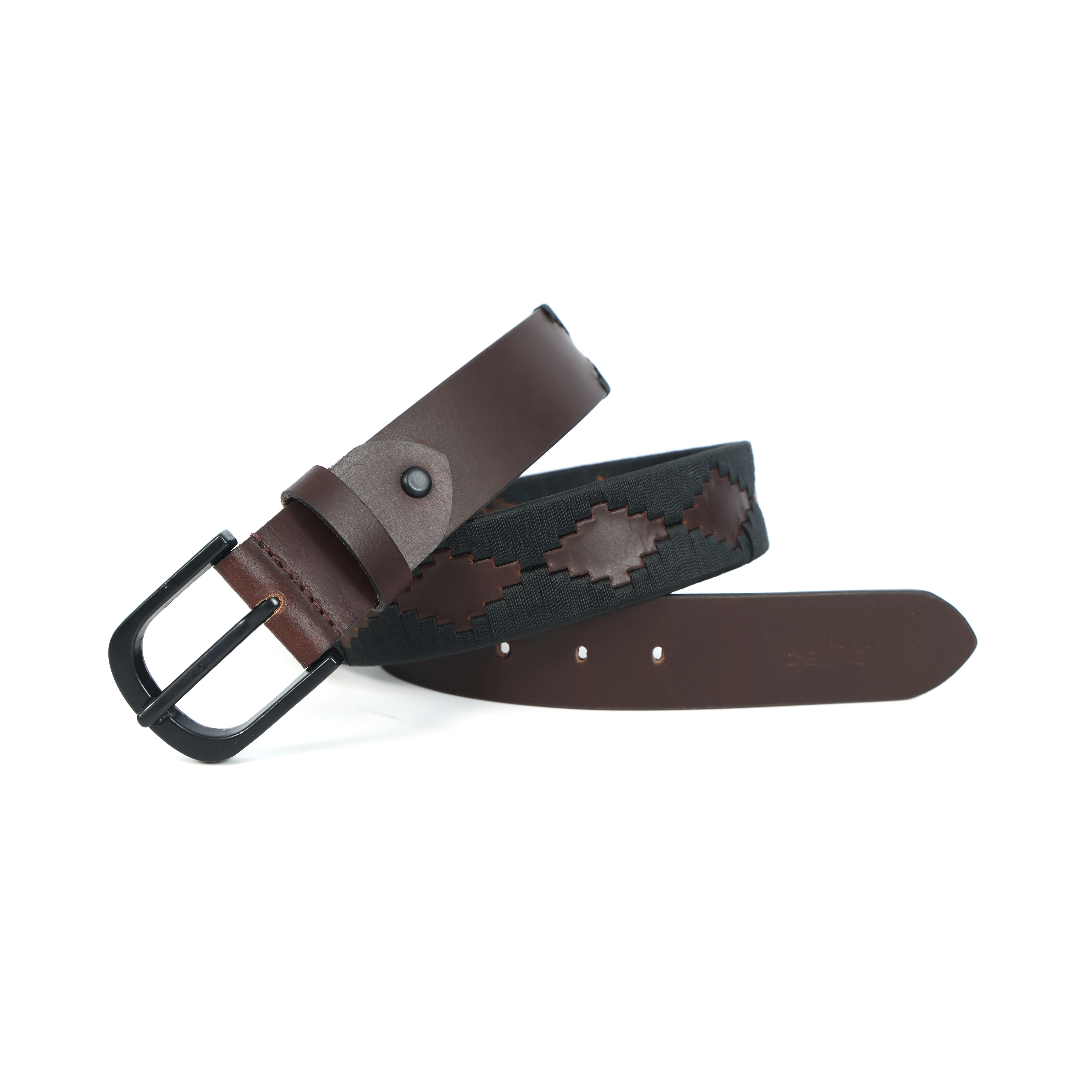 Unisex Handcrafted Leather Fabric Belt With Geometric Pattern Matte Black Buckle. - Image 6