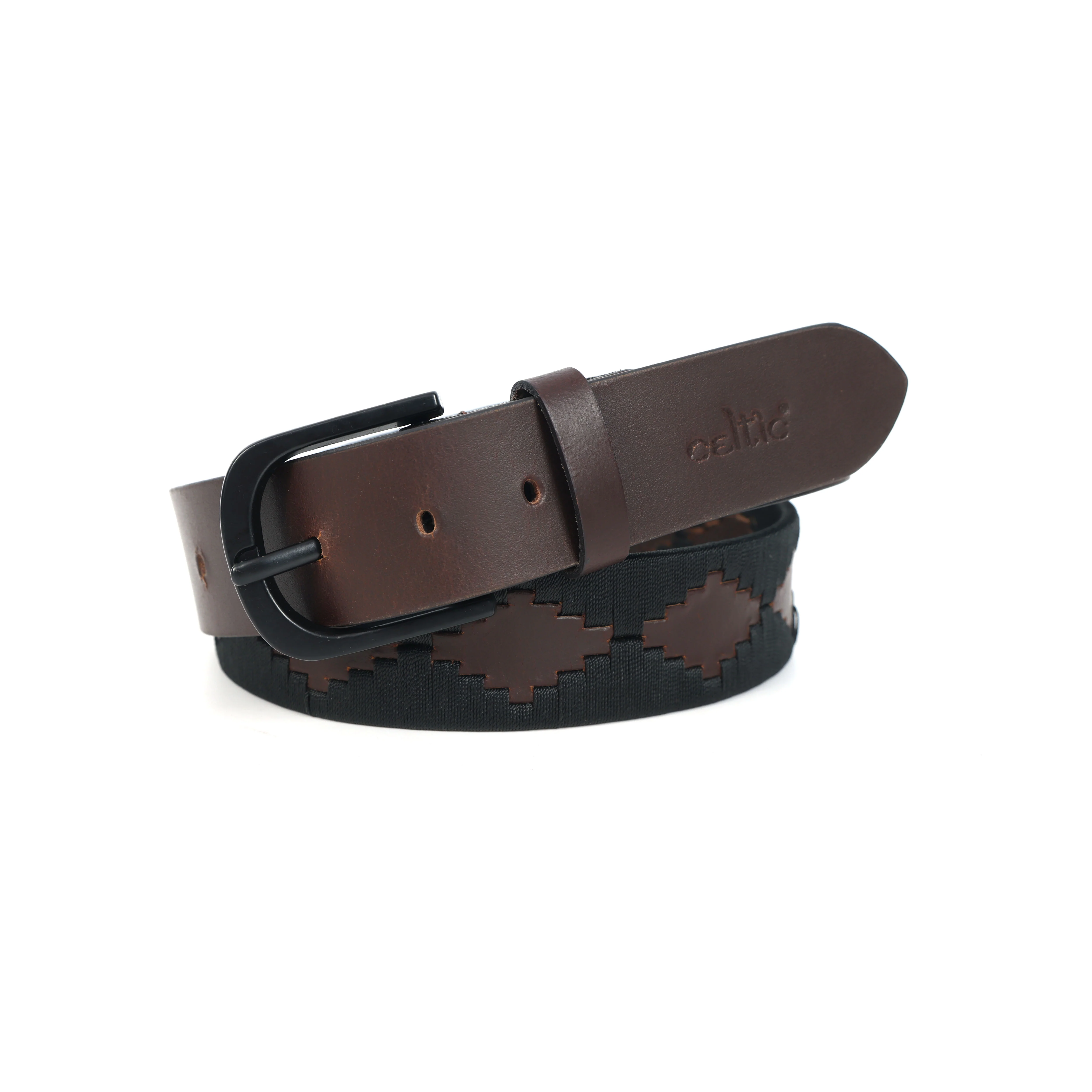 Unisex Handcrafted Leather Fabric Belt With Geometric Pattern Matte Black Buckle. - Image 7