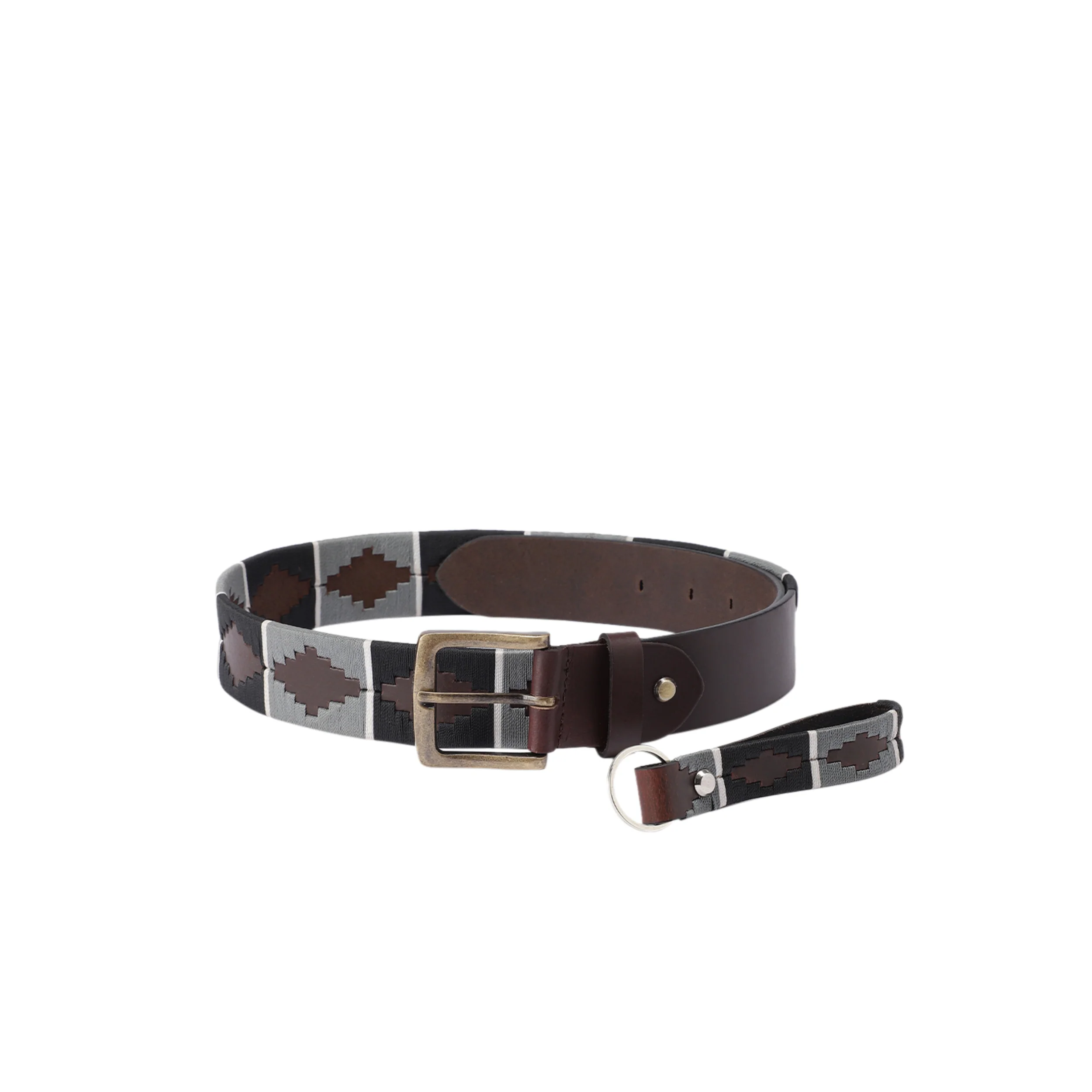 Unisex Handcrafted Brown Leather Belt With Grey Woven Inlay And Vintage Brass Buckle - Image 2