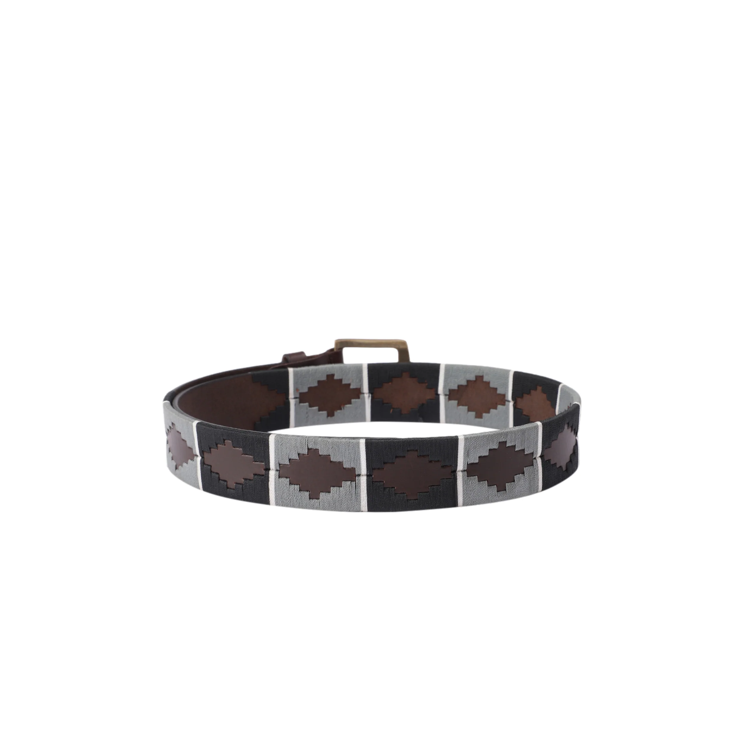 Unisex Handcrafted Brown Leather Belt With Grey Woven Inlay And Vintage Brass Buckle - Image 4