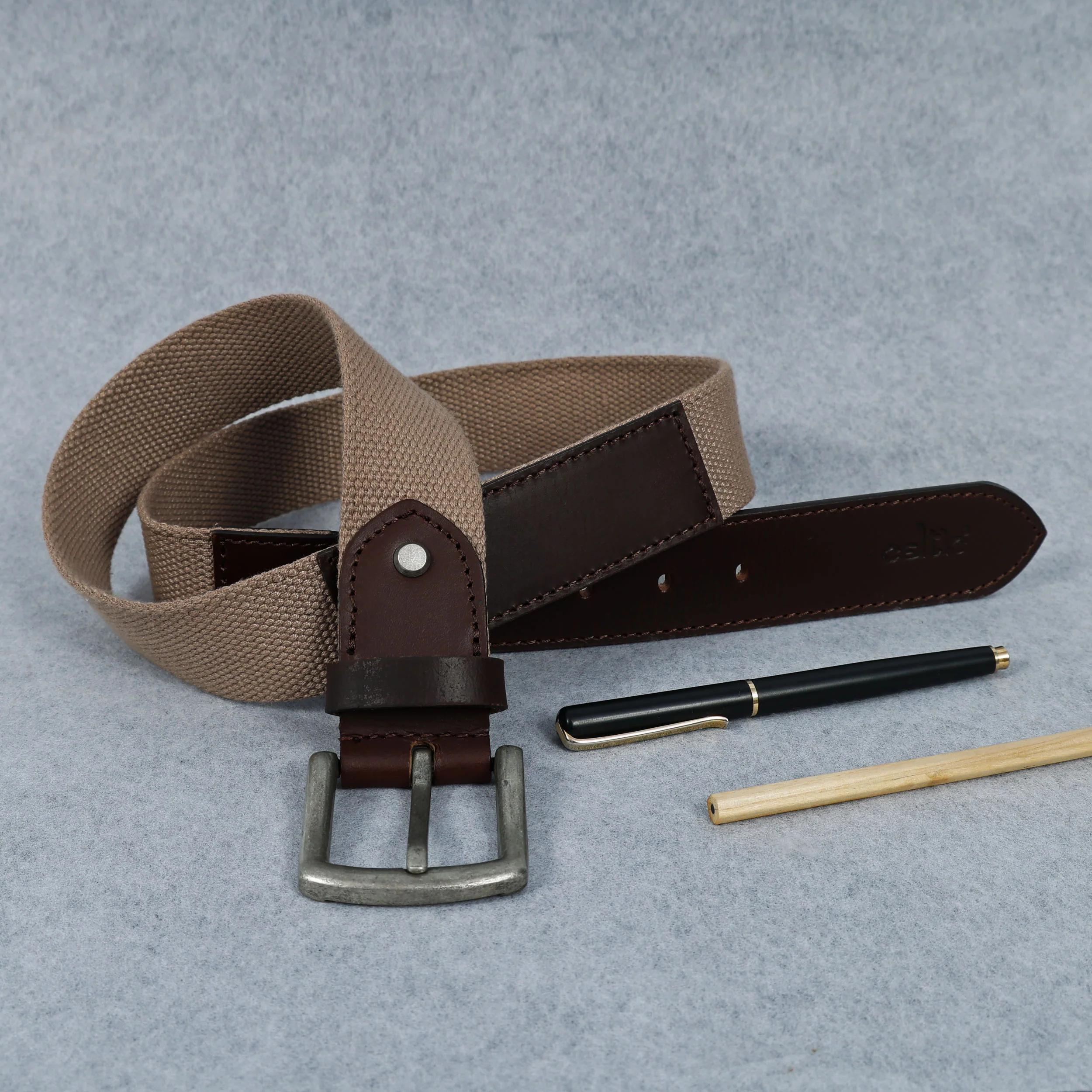 Unisex Genuine Leather Canvas Beige Brown Waist Accessory Metal Buckle Casual