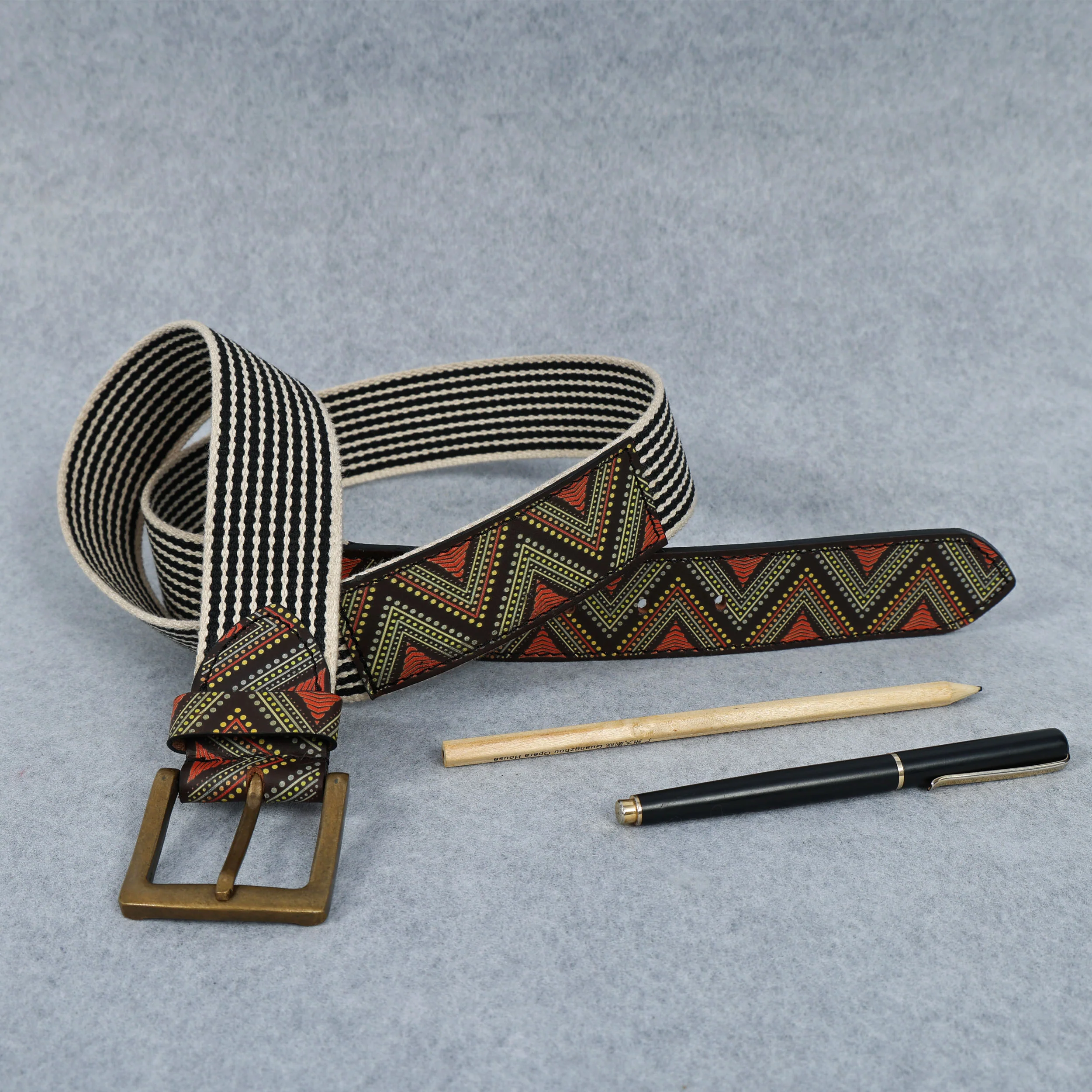 Unisex Genuine Leather Tribal Geometric Elastic Waist Accessory Antique Metal Buckle - Image 2