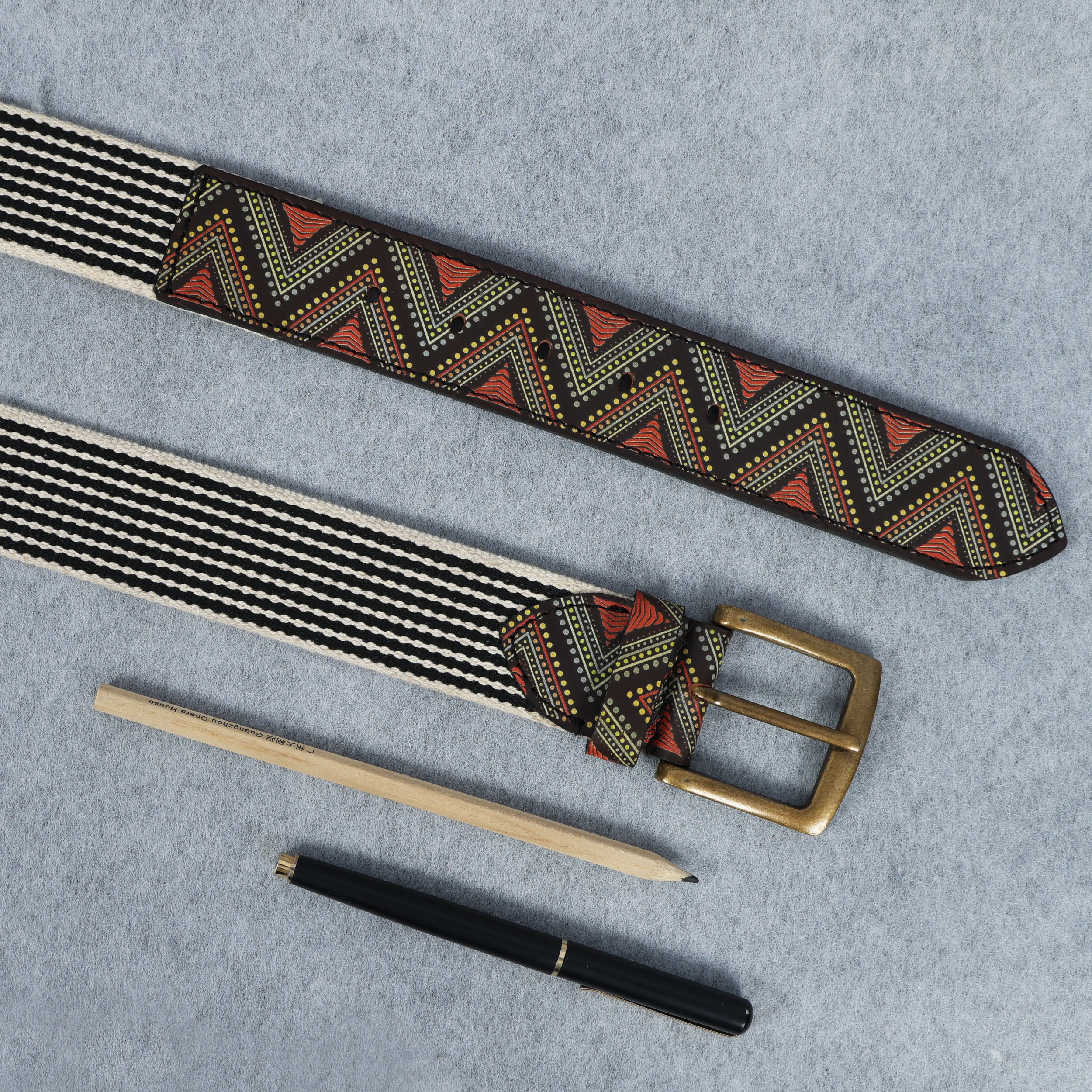 Unisex Genuine Leather Tribal Geometric Elastic Waist Accessory Antique Metal Buckle - Image 8