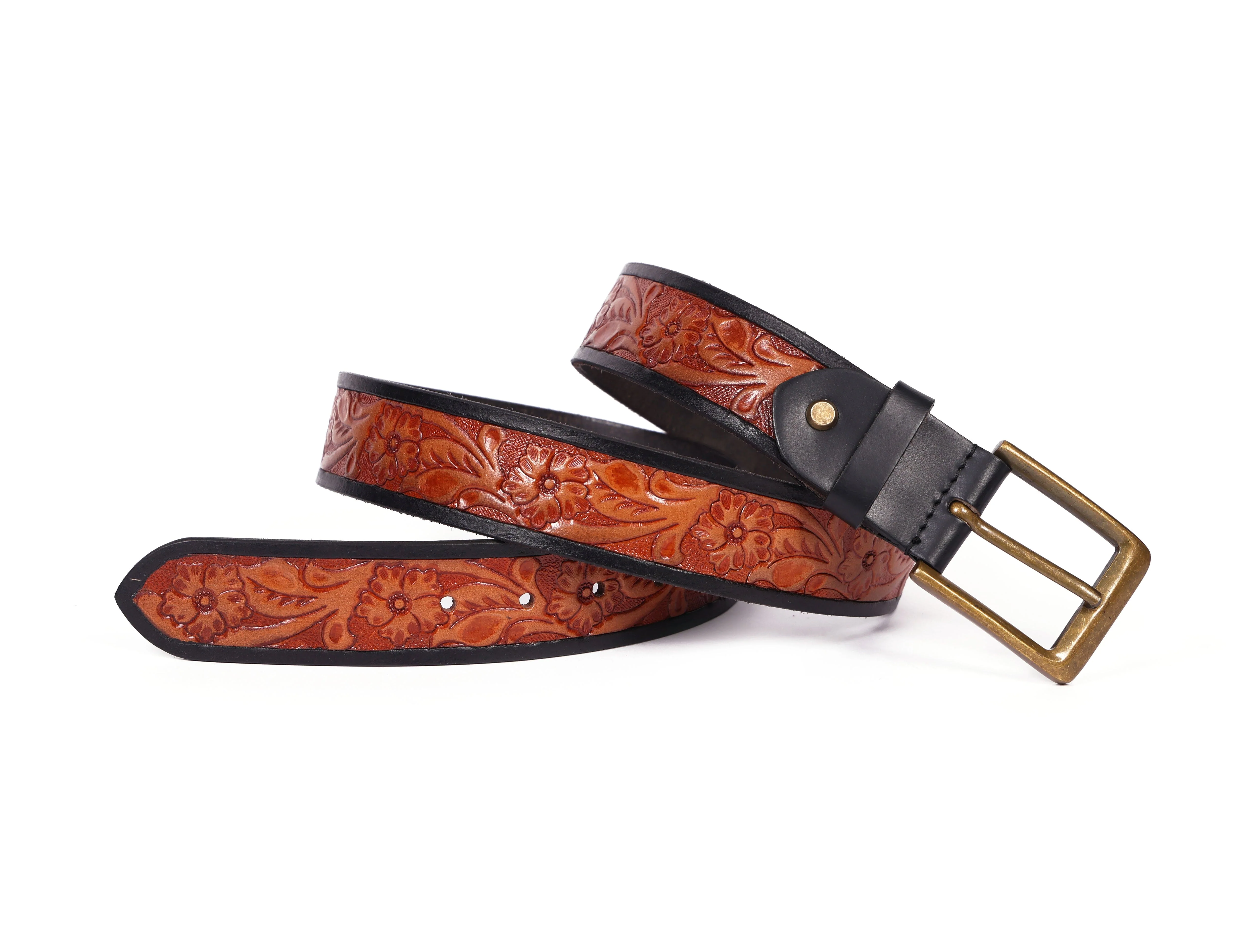 Unisex Genuine Leather Embossed Floral Brown Waist Accessory Antique Metal Buckle - Image 3