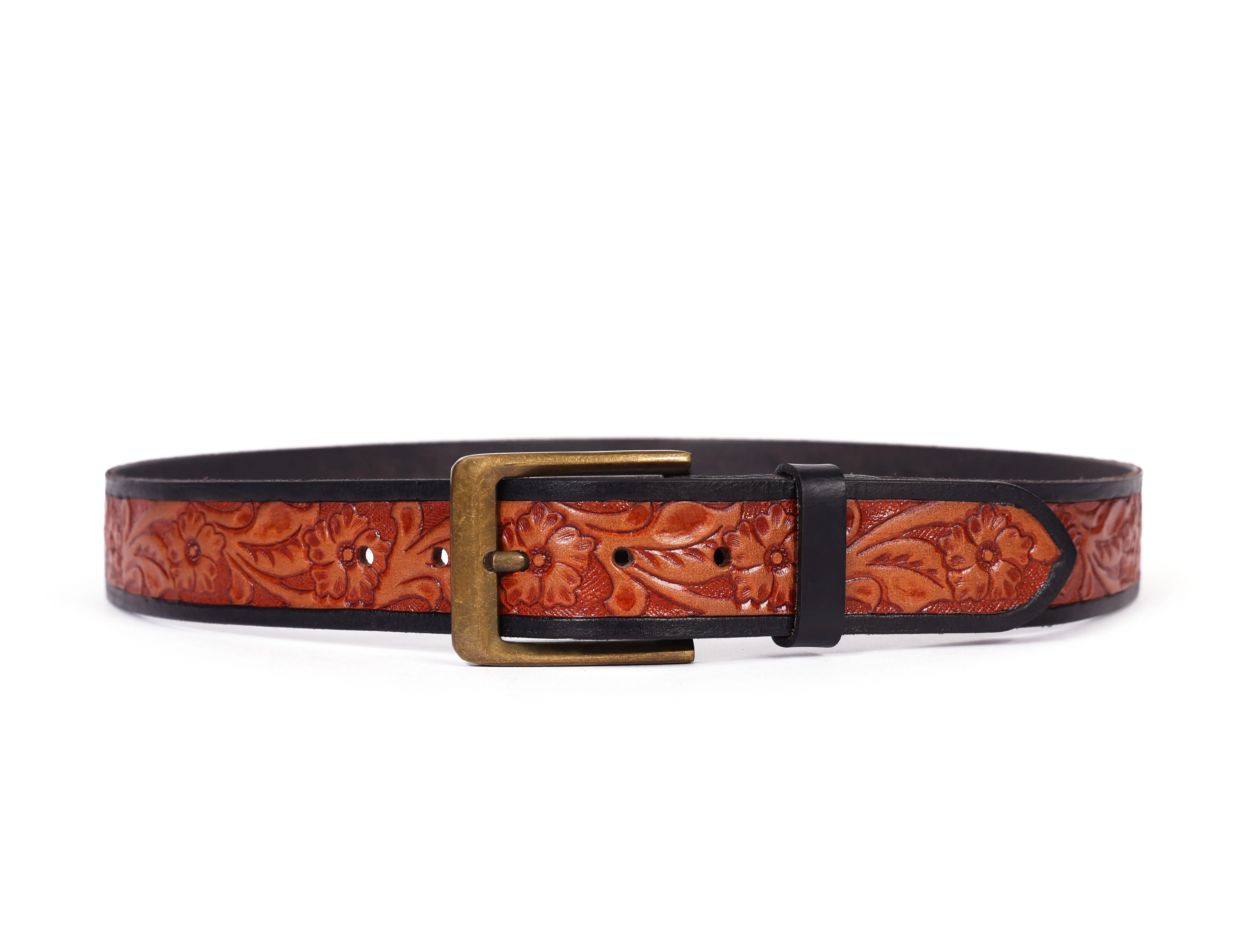 Unisex Genuine Leather Embossed Floral Brown Waist Accessory Antique Metal Buckle - Image 4