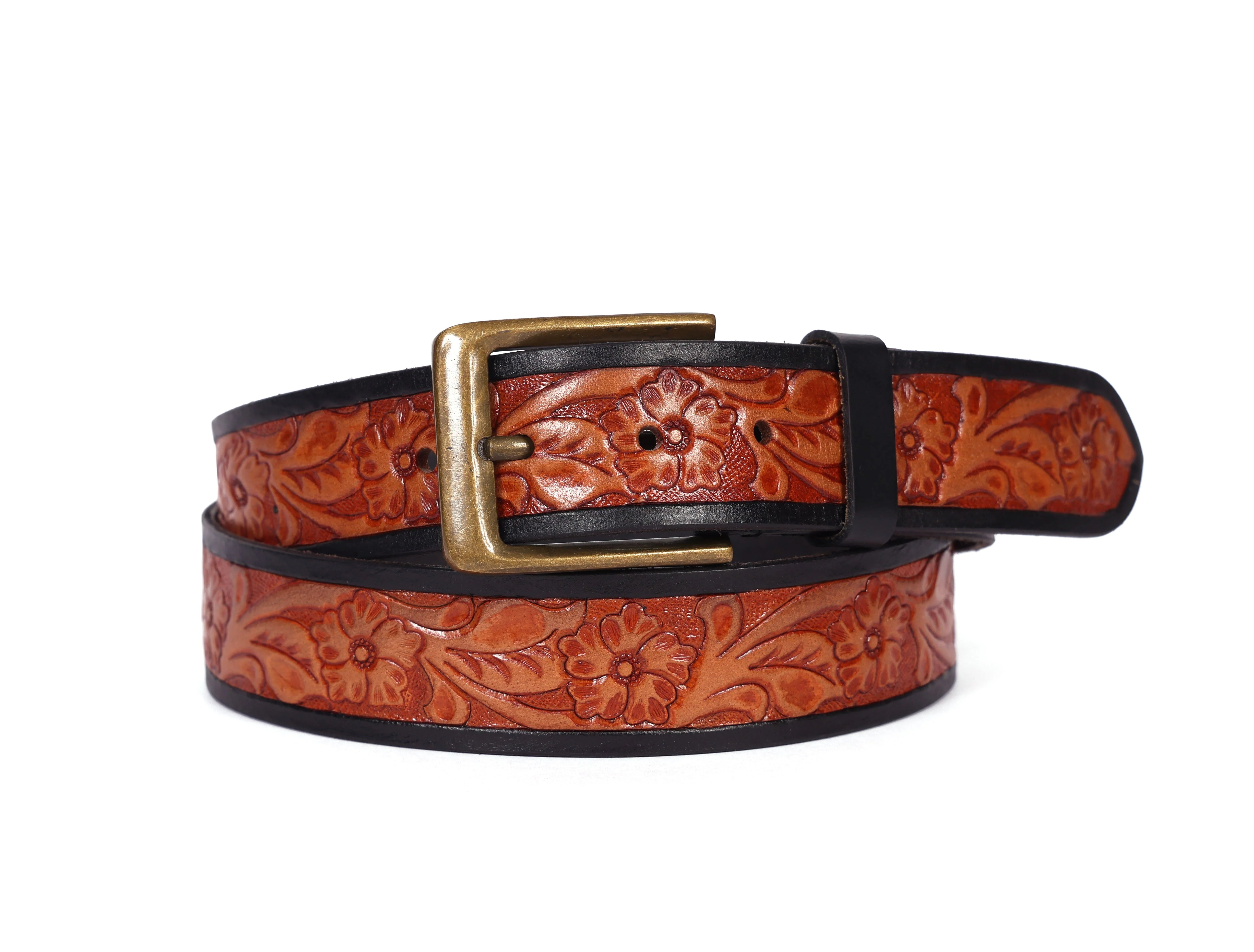 Unisex Genuine Leather Embossed Floral Brown Waist Accessory Antique Metal Buckle - Image 5