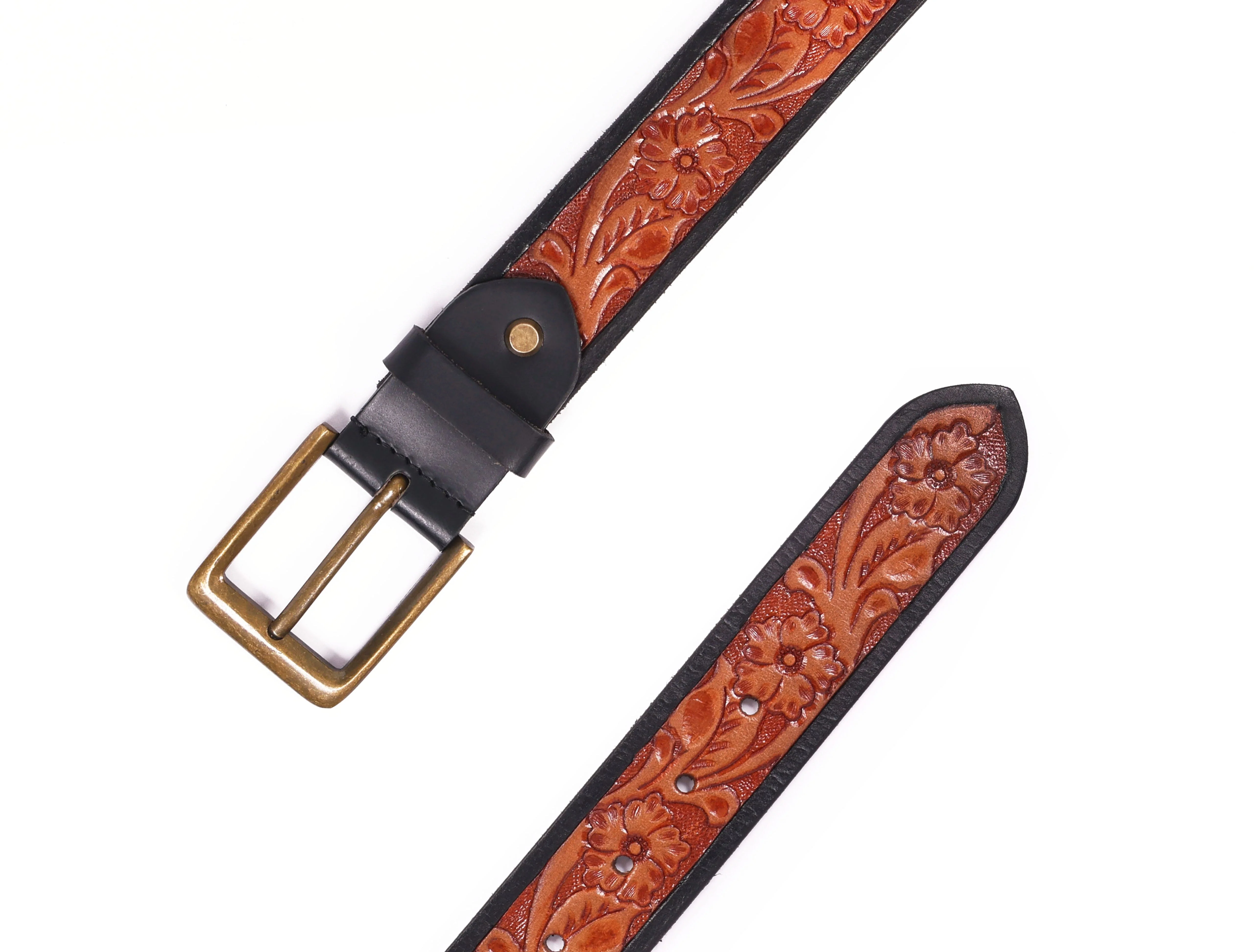 Unisex Genuine Leather Embossed Floral Brown Waist Accessory Antique Metal Buckle - Image 6
