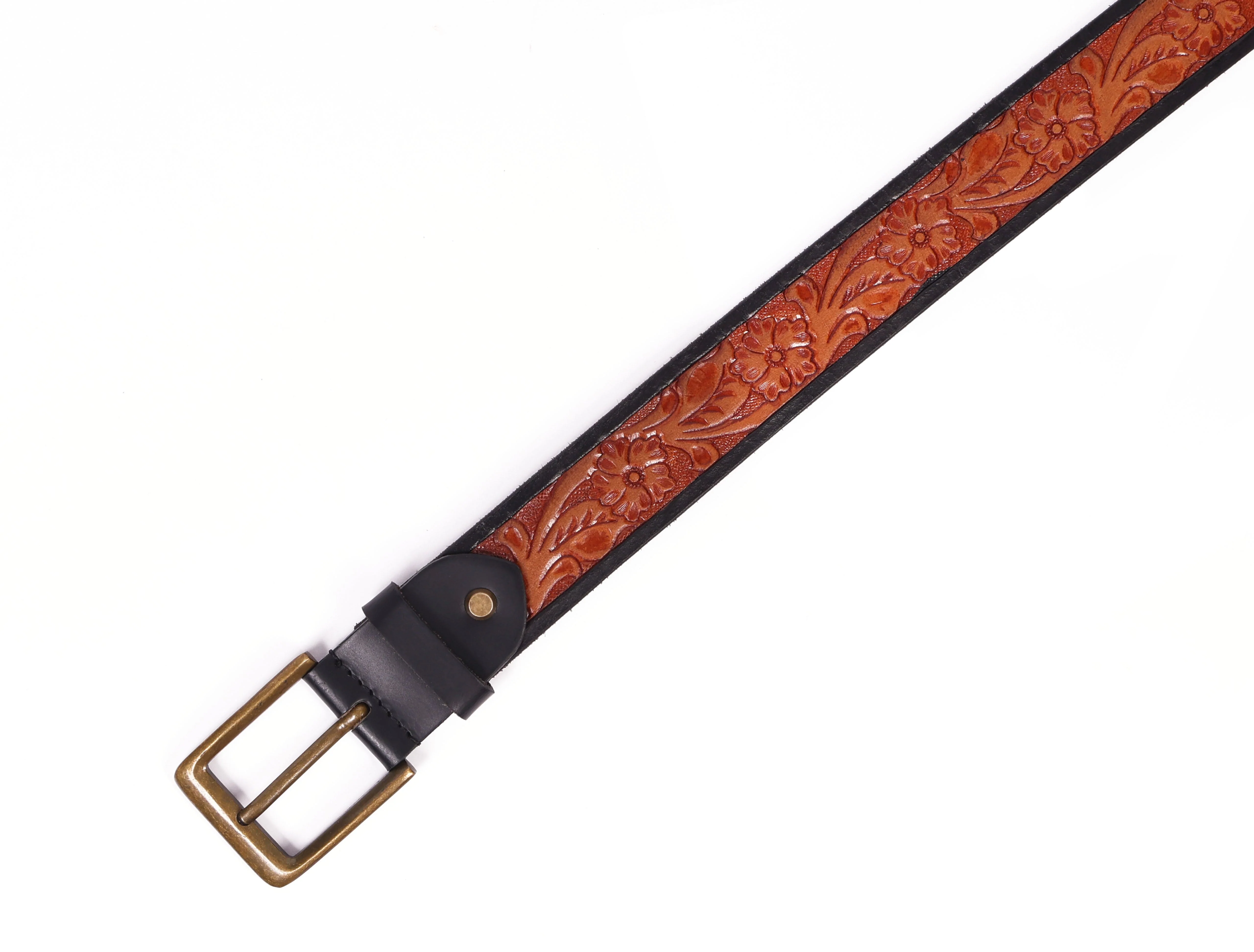 Unisex Genuine Leather Embossed Floral Brown Waist Accessory Antique Metal Buckle - Image 7