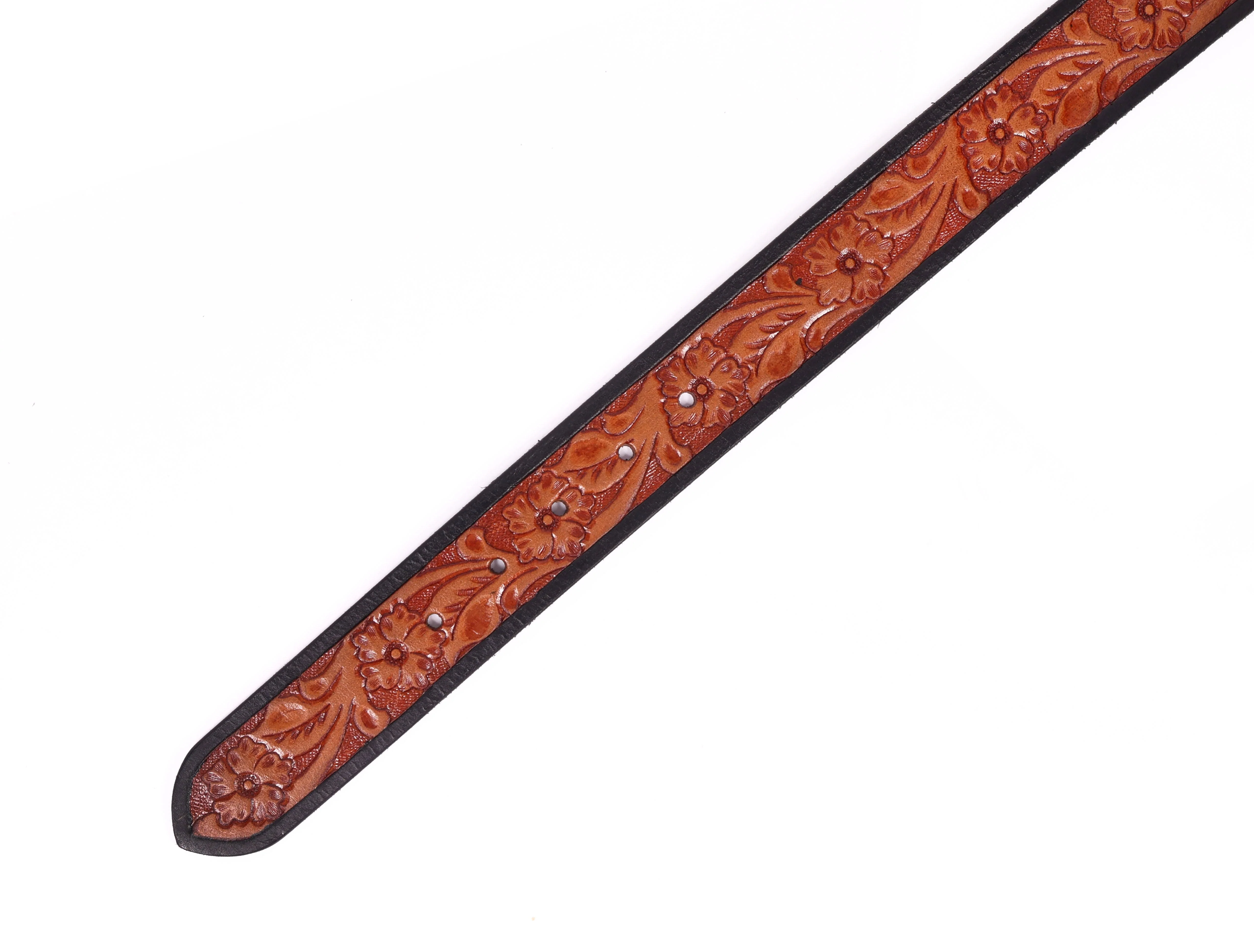 Unisex Genuine Leather Embossed Floral Brown Waist Accessory Antique Metal Buckle - Image 8