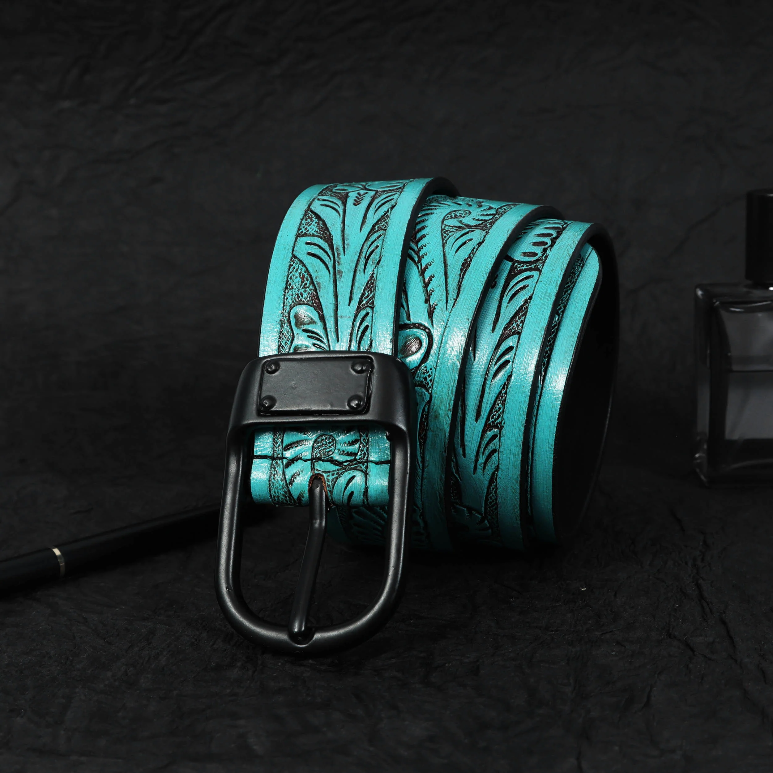 Unisex Genuine Leather Embossed Turquoise Floral Western Waist Accessory Black Buckle - Image 2