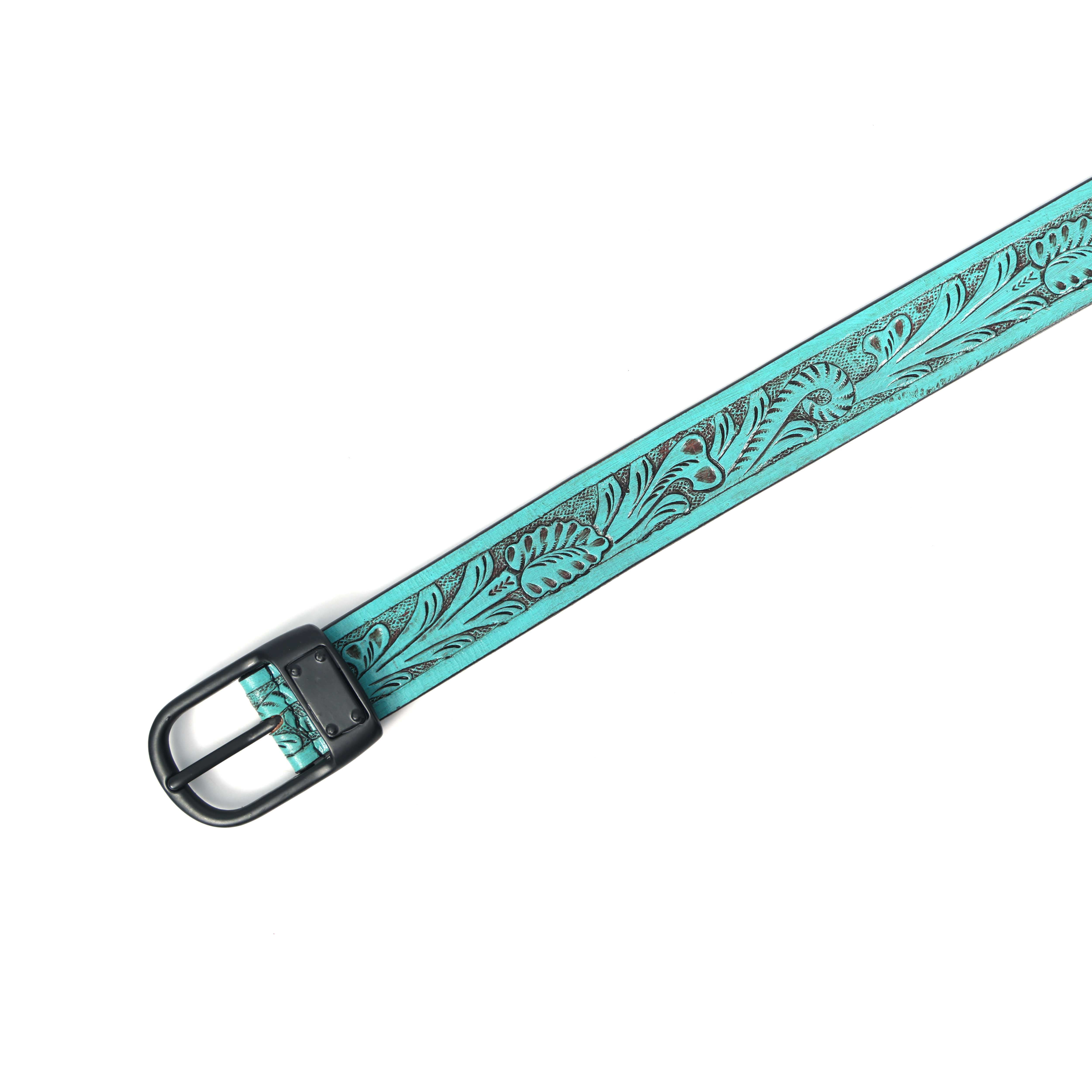 Unisex Genuine Leather Embossed Turquoise Floral Western Waist Accessory Black Buckle - Image 3