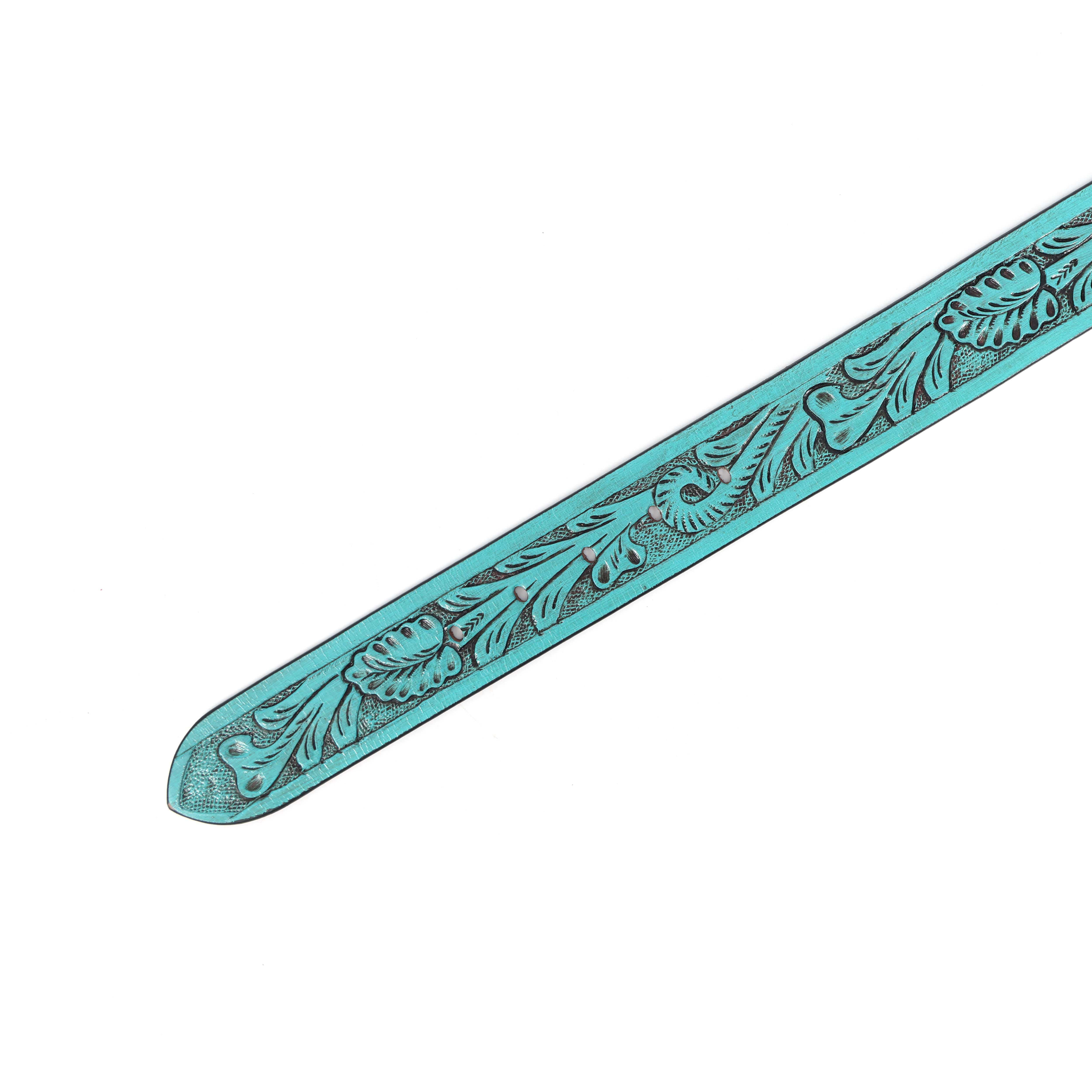 Unisex Genuine Leather Embossed Turquoise Floral Western Waist Accessory Black Buckle - Image 4