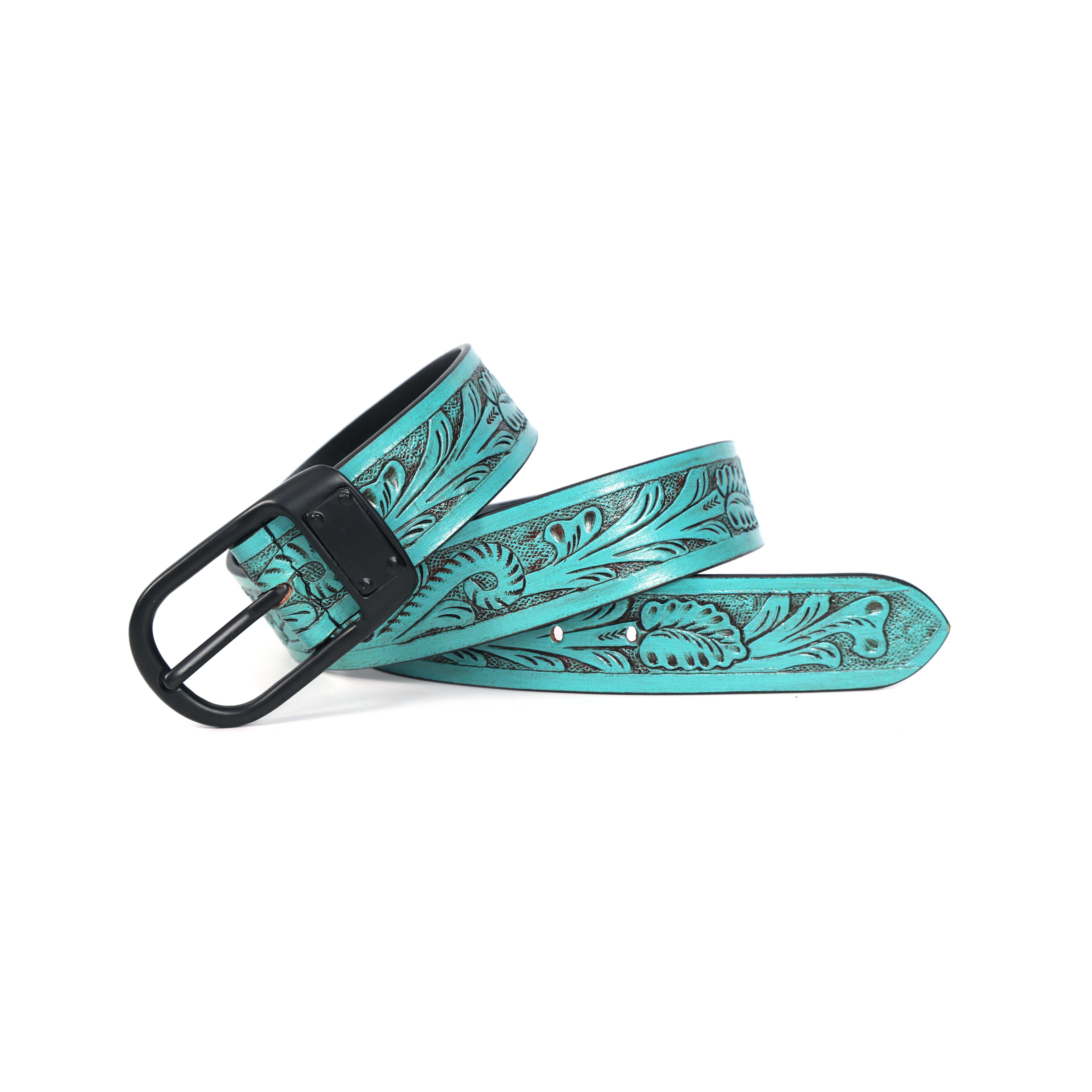Unisex Genuine Leather Embossed Turquoise Floral Western Waist Accessory Black Buckle - Image 5