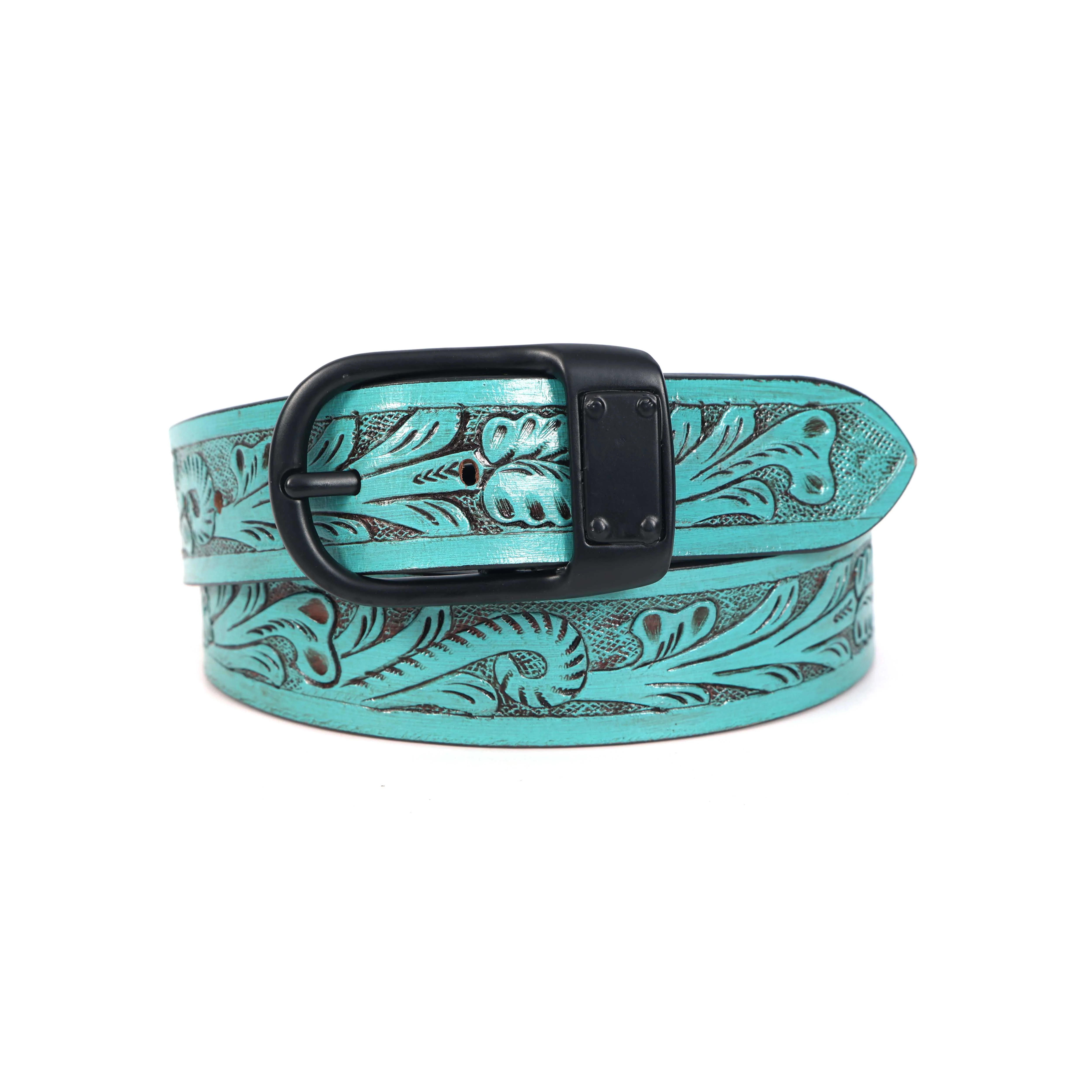 Unisex Genuine Leather Embossed Turquoise Floral Western Waist Accessory Black Buckle - Image 6