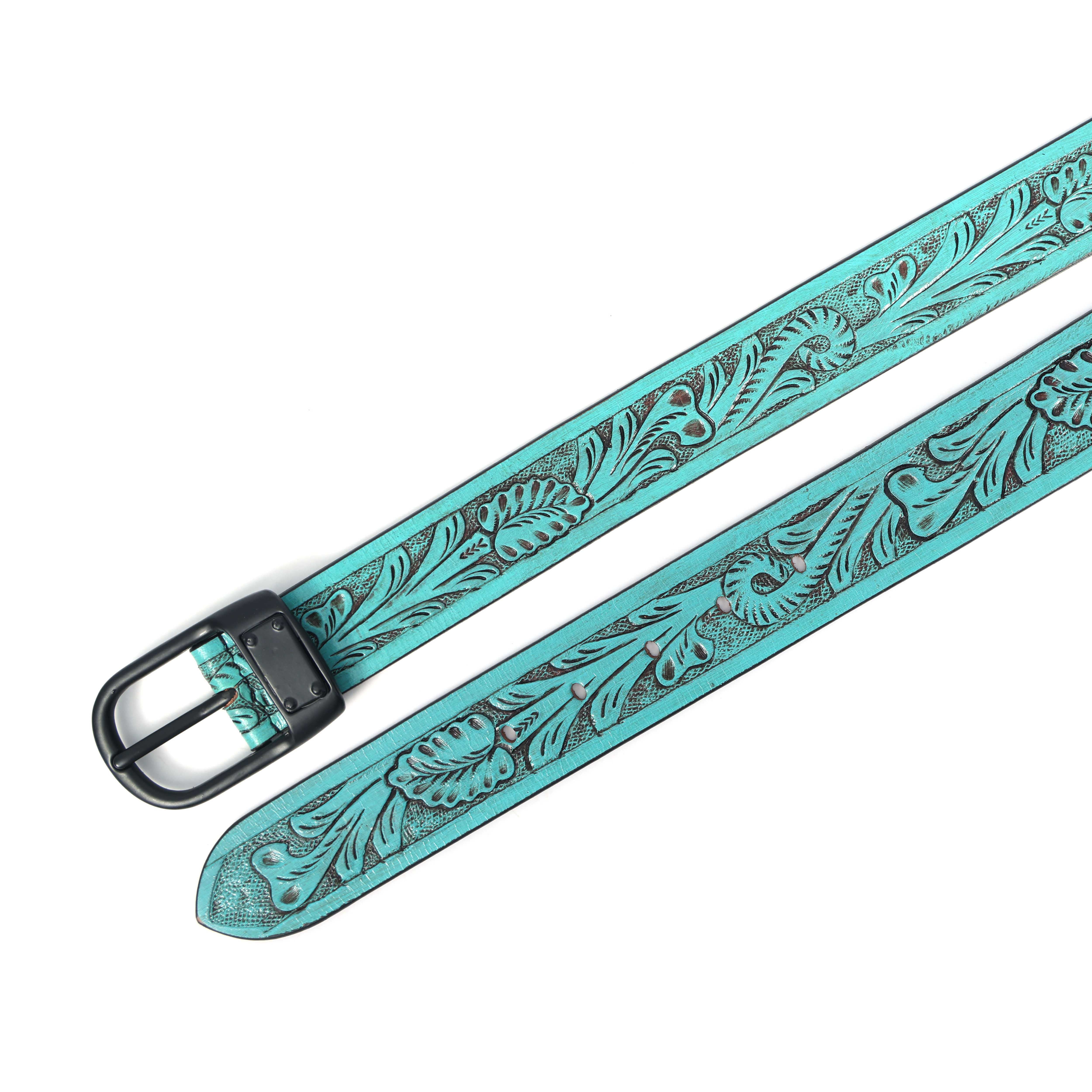 Unisex Genuine Leather Embossed Turquoise Floral Western Waist Accessory Black Buckle - Image 7