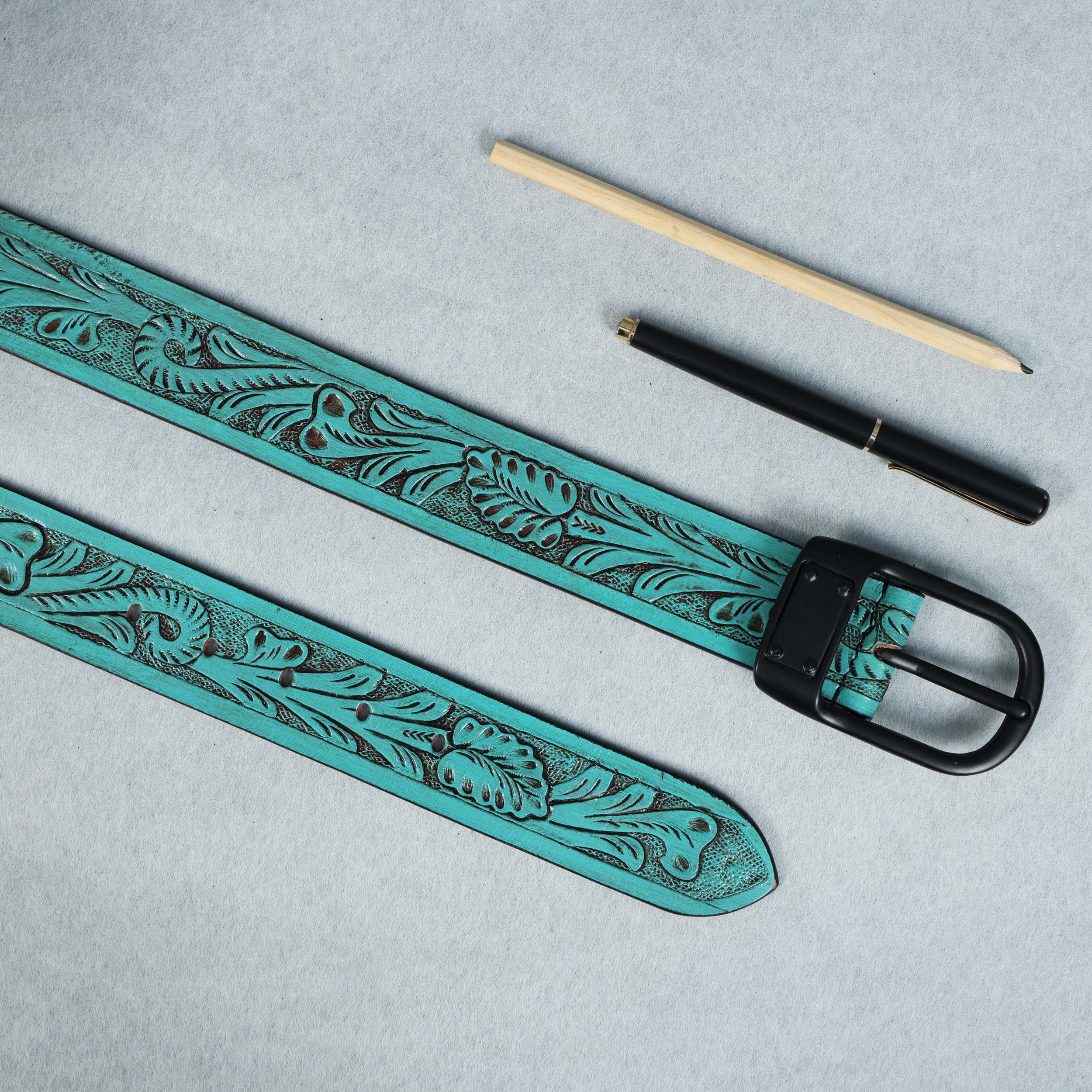 Unisex Genuine Leather Embossed Turquoise Floral Western Waist Accessory Black Buckle - Image 8