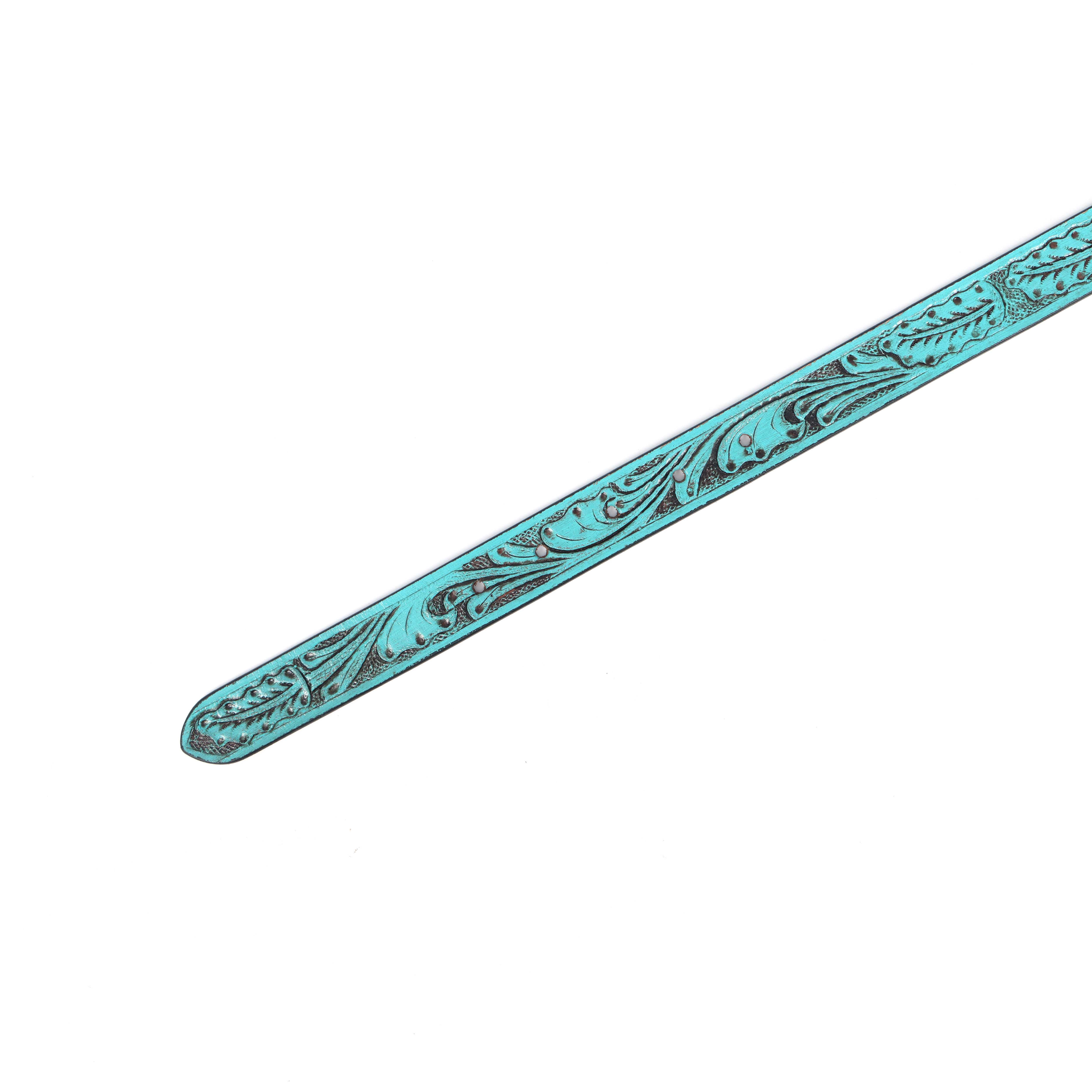 Women Genuine Leather Embossed Turquoise Floral Western Waist Accessory Silver Buckle - Image 2
