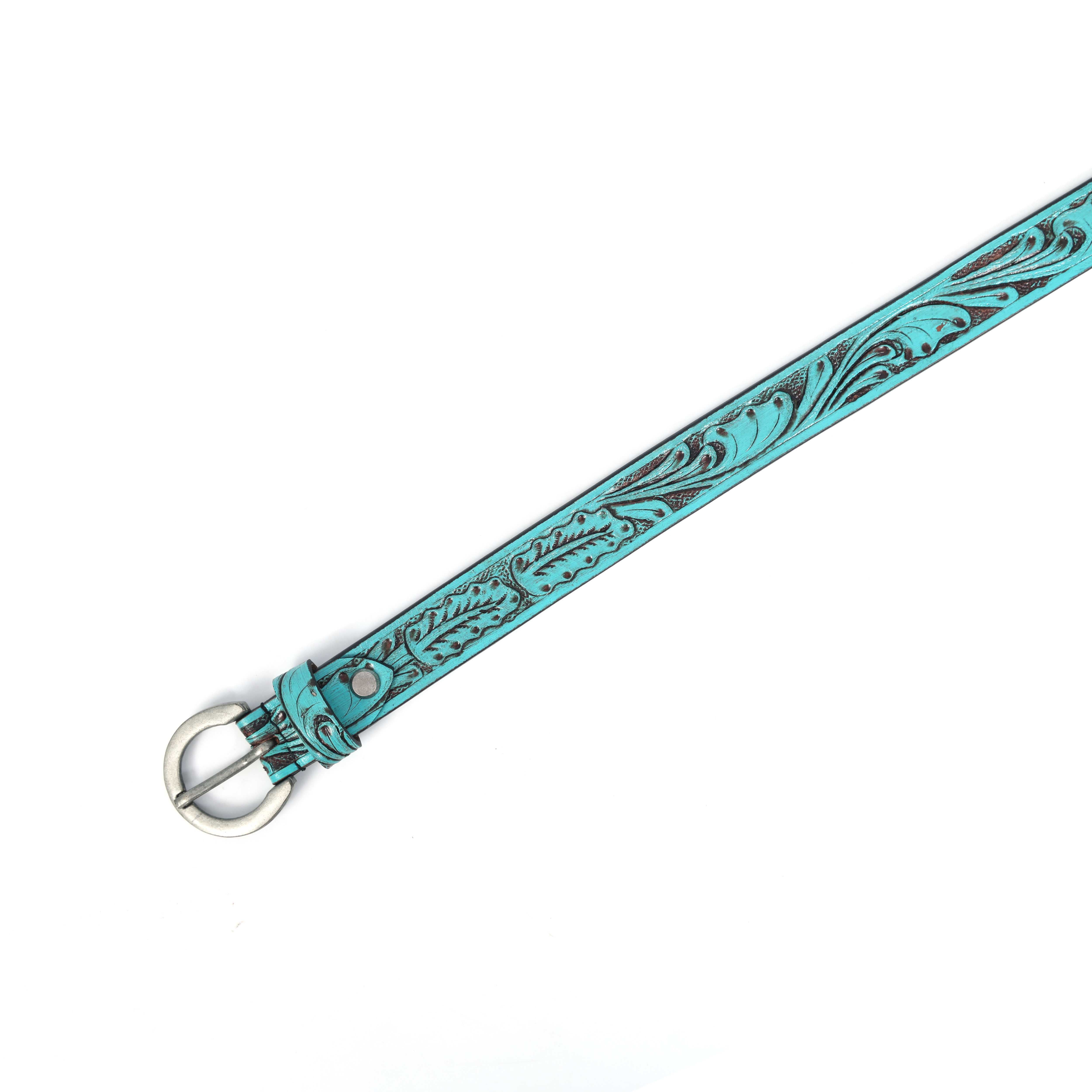 Women Genuine Leather Embossed Turquoise Floral Western Waist Accessory Silver Buckle - Image 3