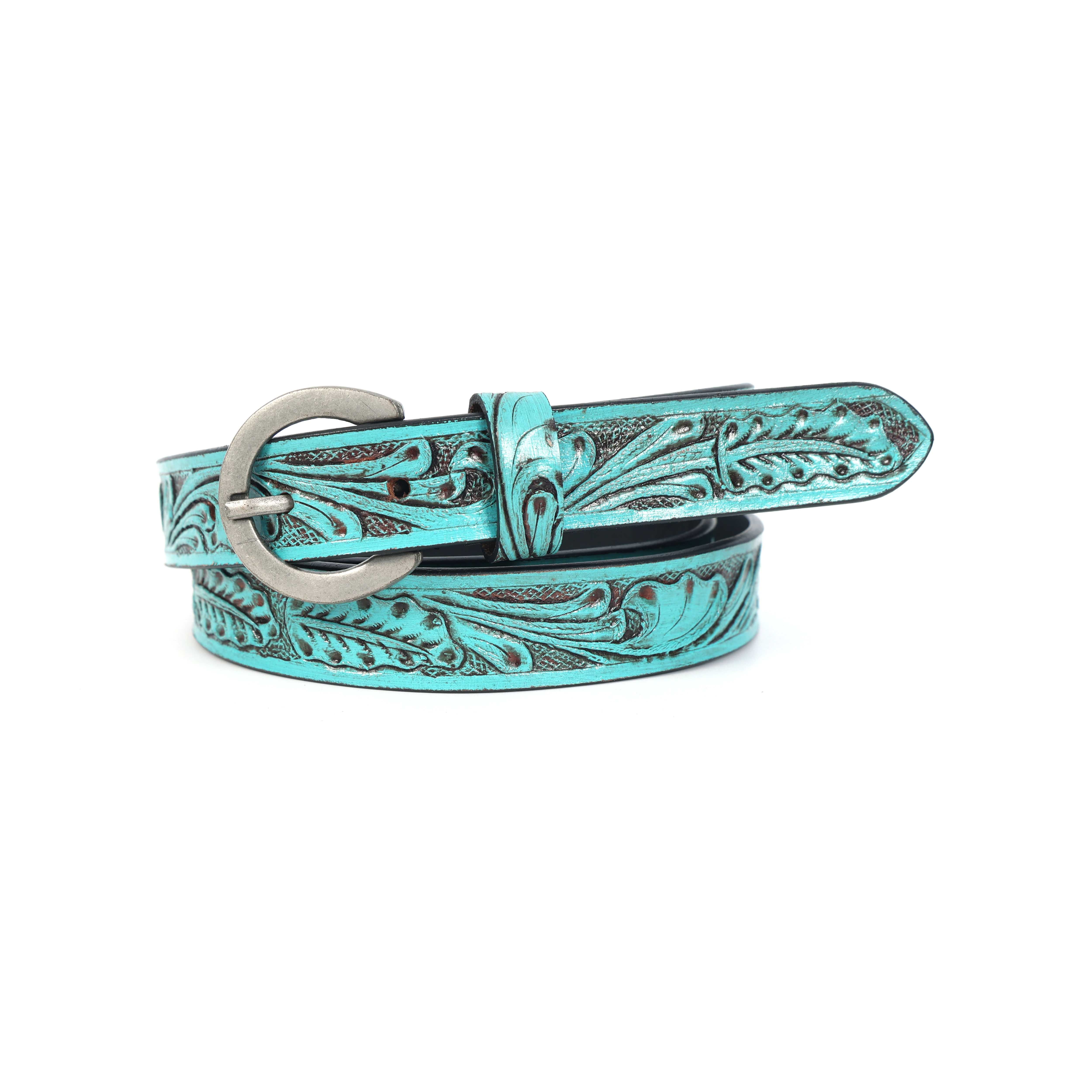 Women Genuine Leather Embossed Turquoise Floral Western Waist Accessory Silver Buckle - Image 4