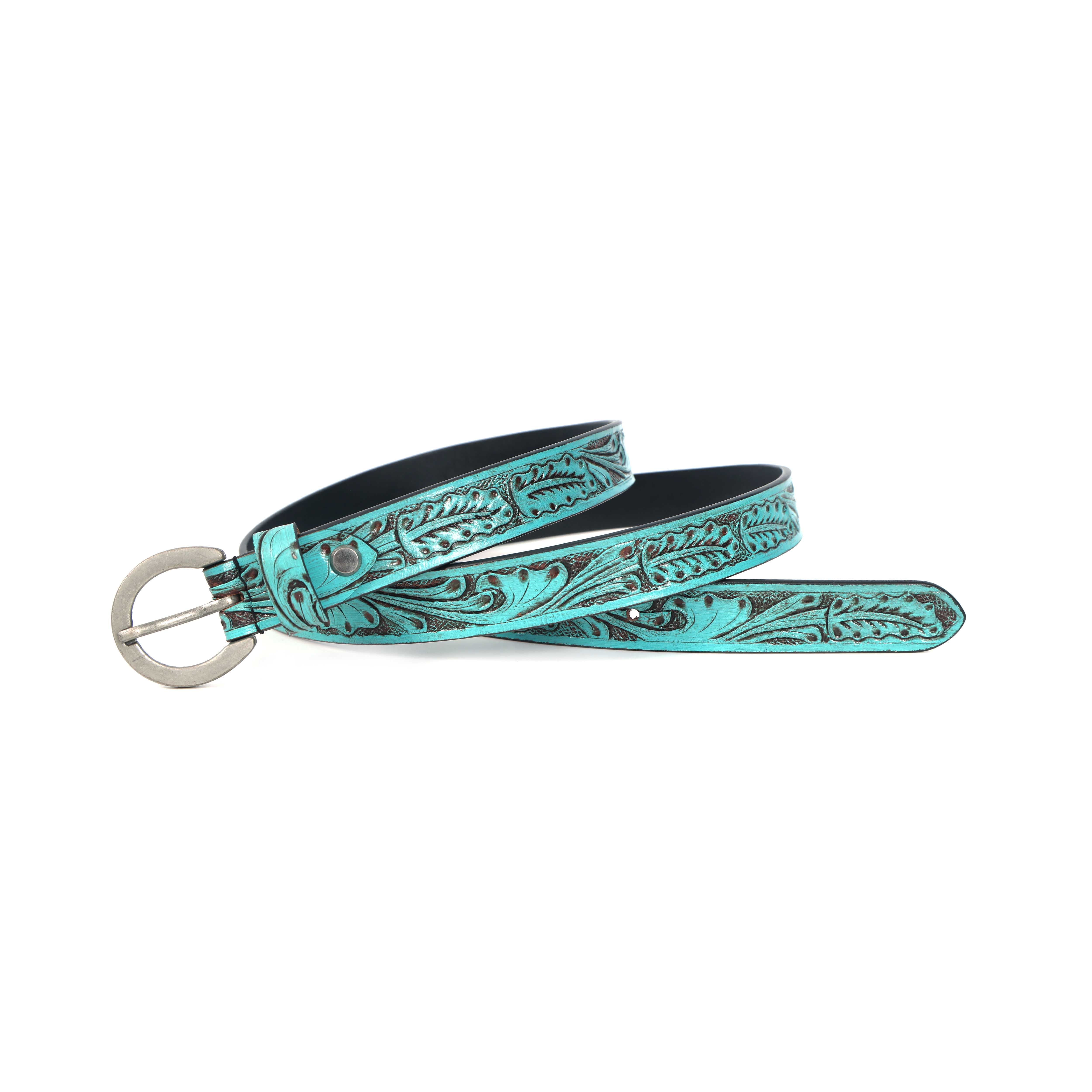 Women Genuine Leather Embossed Turquoise Floral Western Waist Accessory Silver Buckle - Image 5