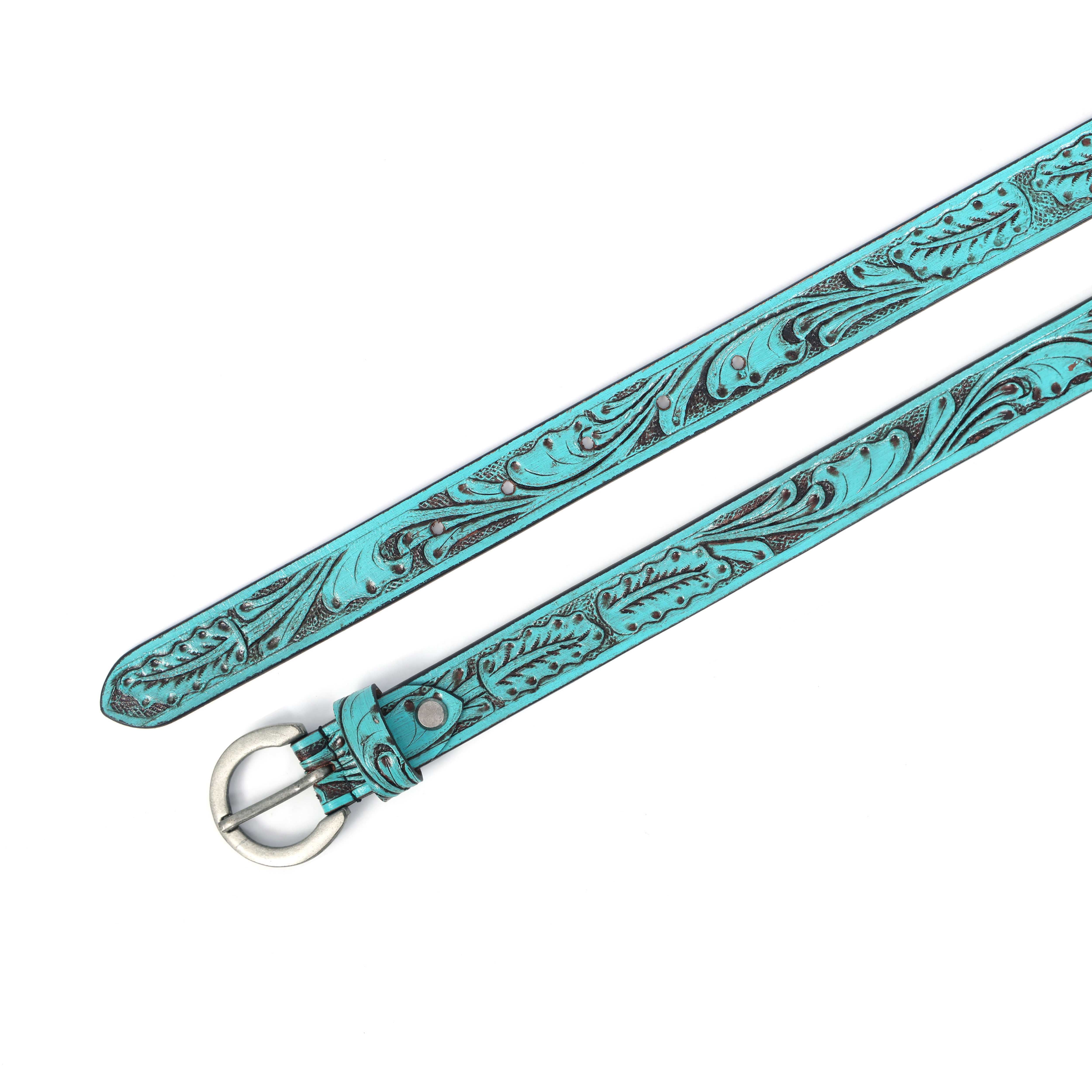 Women Genuine Leather Embossed Turquoise Floral Western Waist Accessory Silver Buckle - Image 6