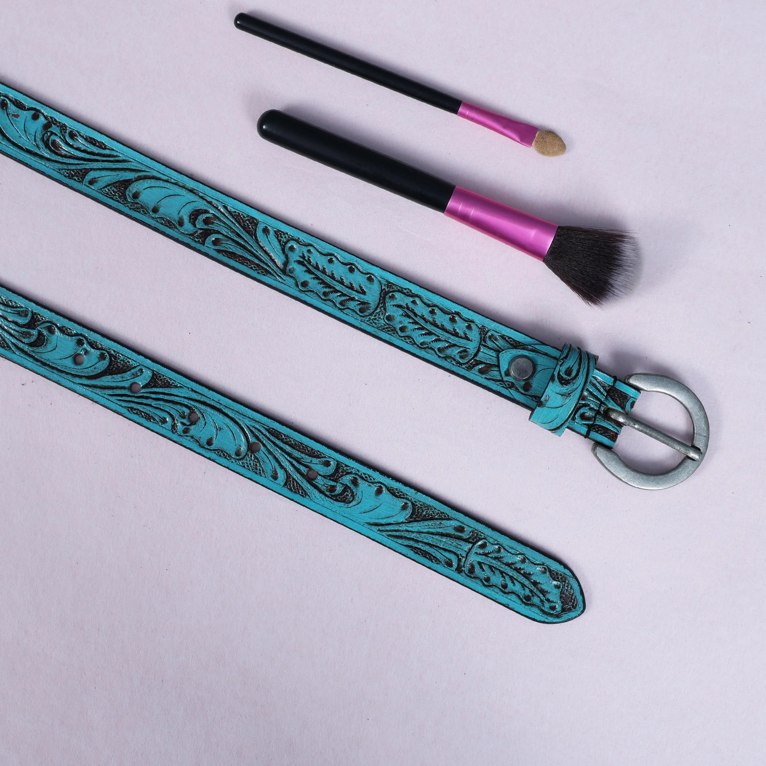 Women Genuine Leather Embossed Turquoise Floral Western Waist Accessory Silver Buckle - Image 7