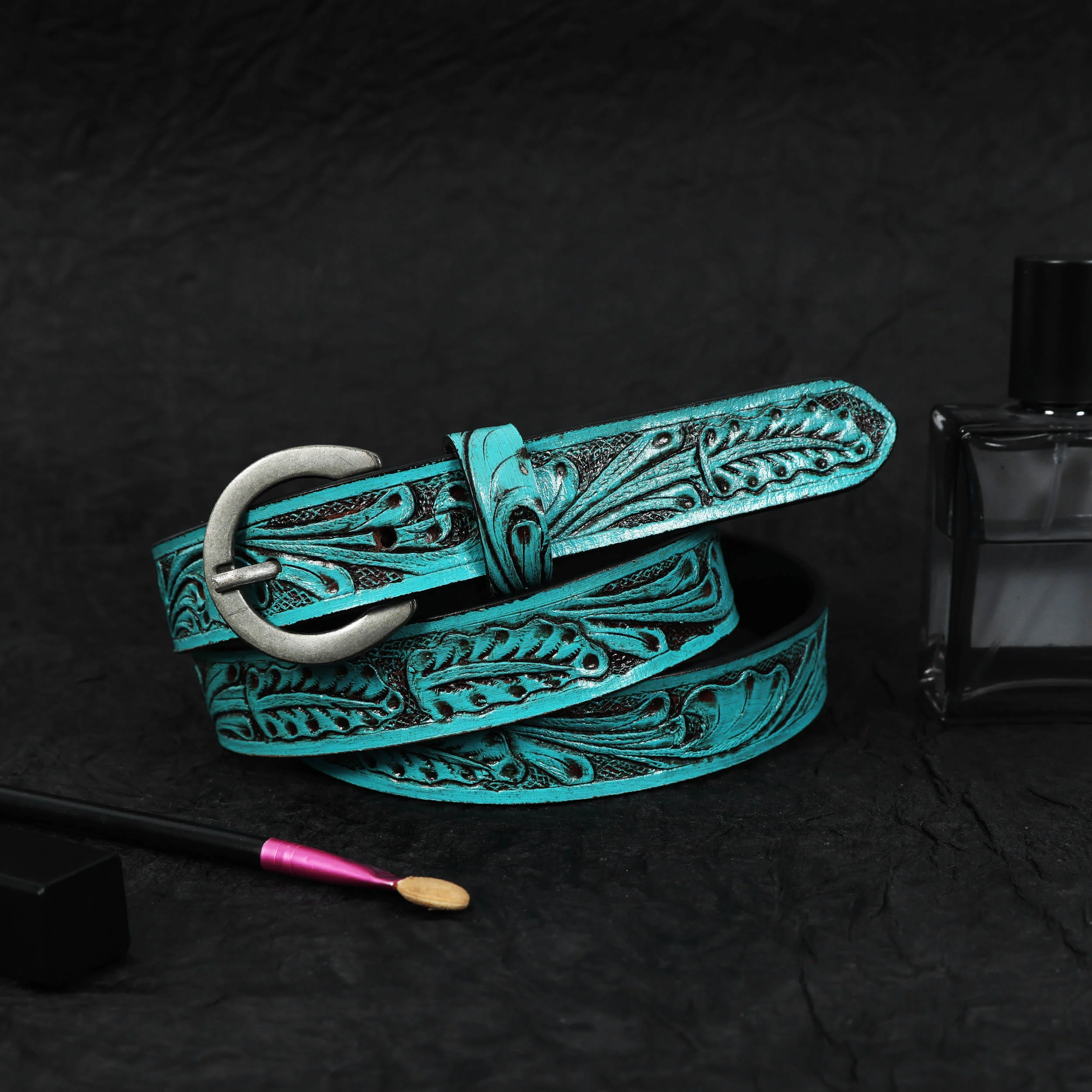 Women Genuine Leather Embossed Turquoise Floral Western Waist Accessory Silver Buckle - Image 8