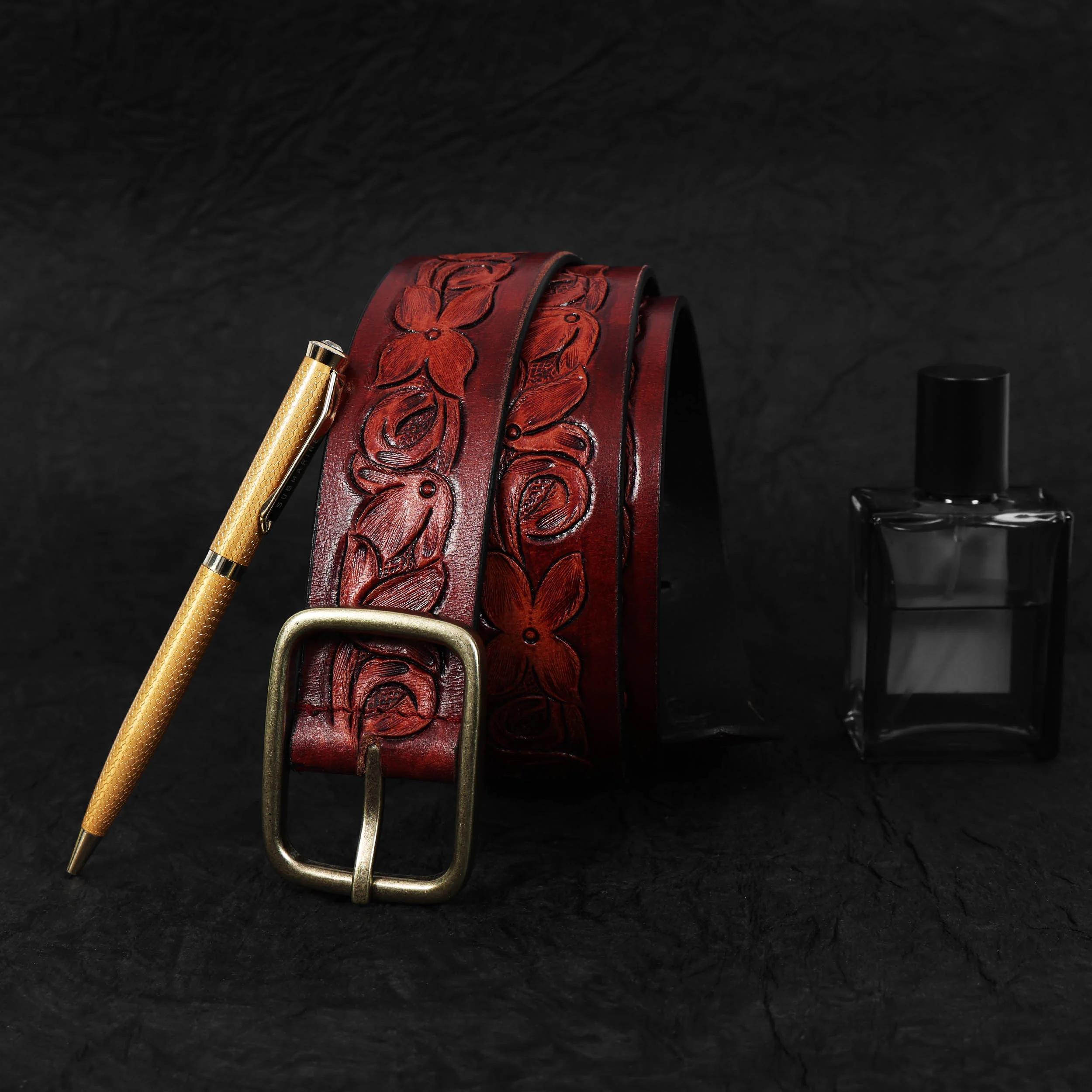 Unisex Handcrafted Floral Leather Belt Vintage Brass Buckle Artisan Carved Waistwear - Image 2