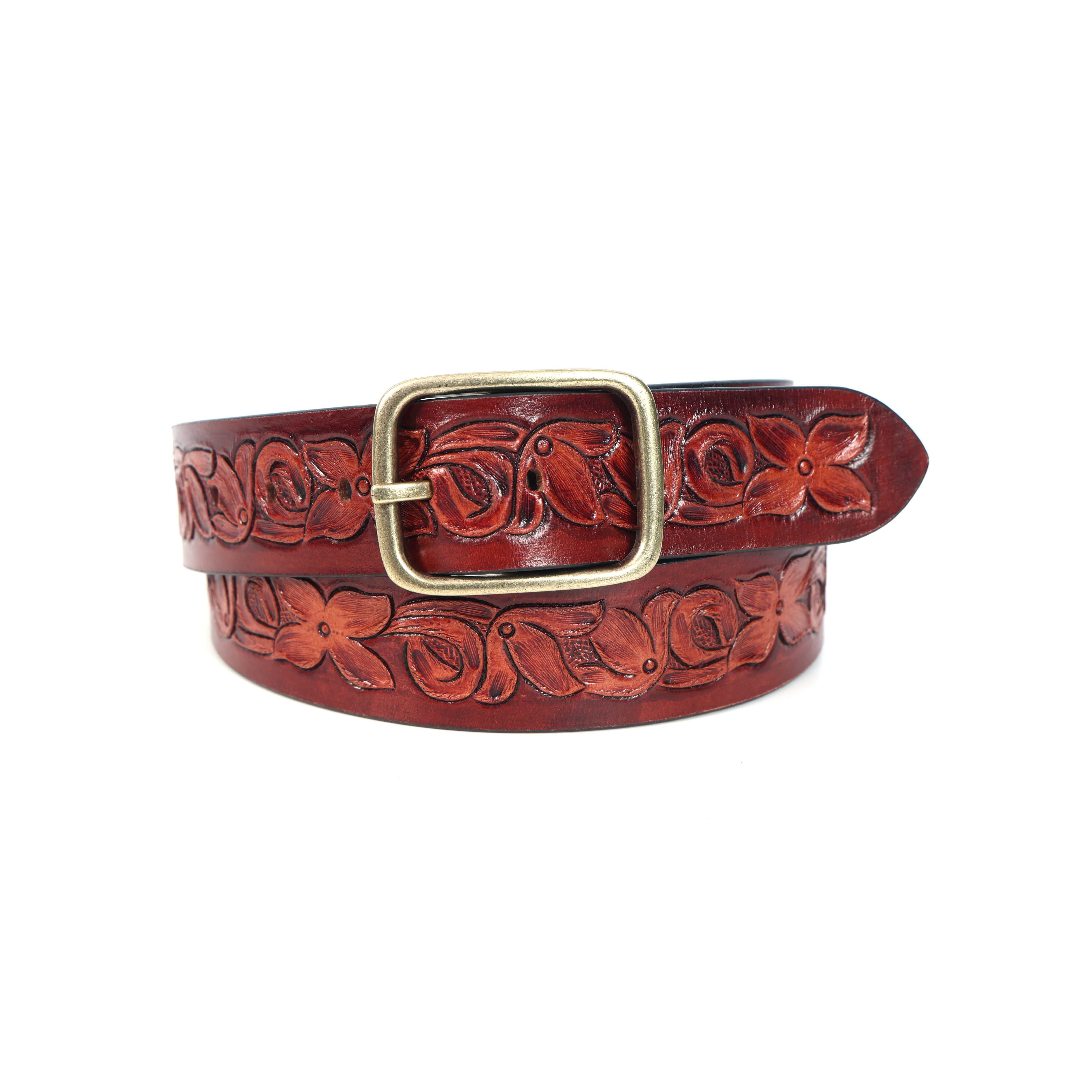 Unisex Handcrafted Floral Leather Belt Vintage Brass Buckle Artisan Carved Waistwear - Image 3