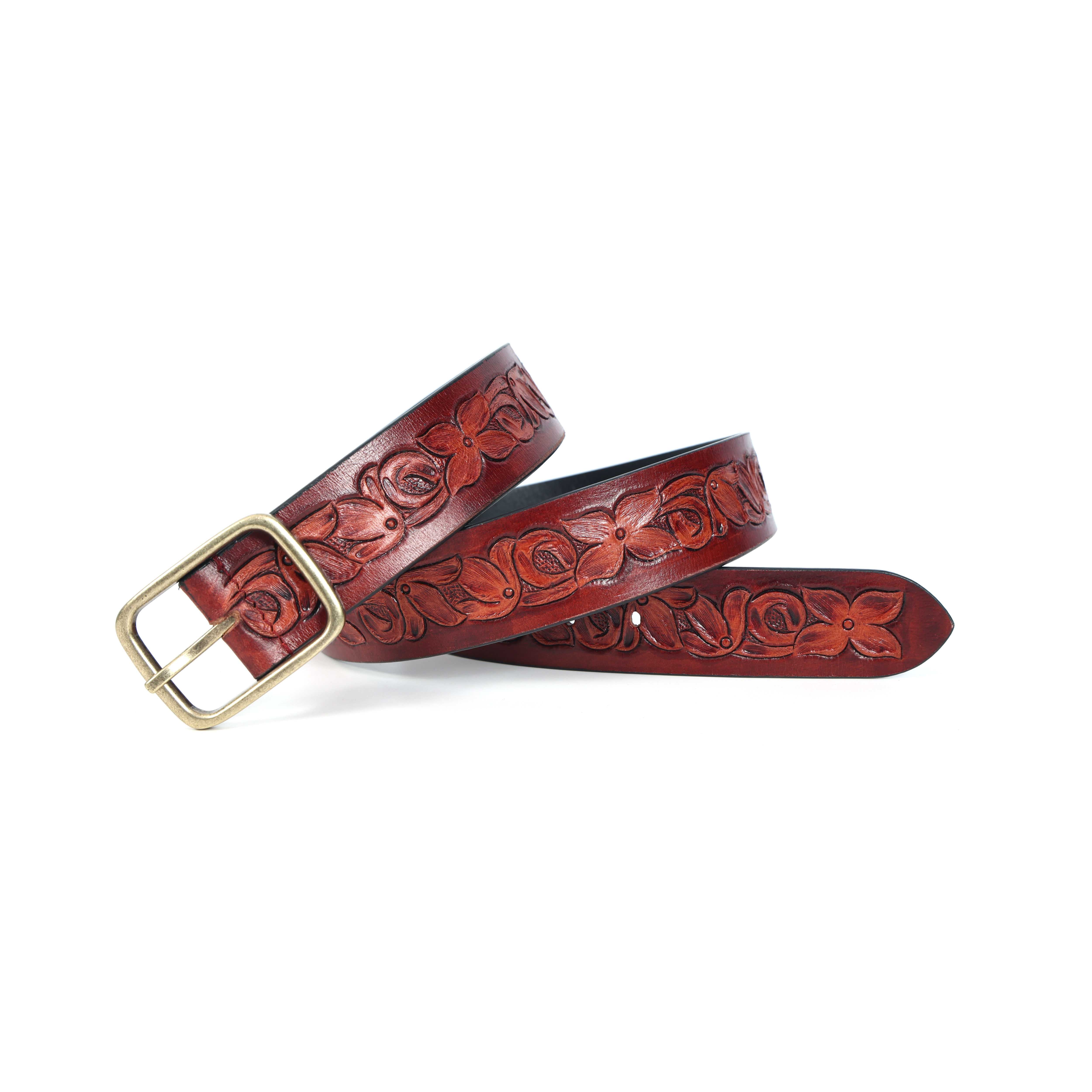 Unisex Handcrafted Floral Leather Belt Vintage Brass Buckle Artisan Carved Waistwear - Image 4