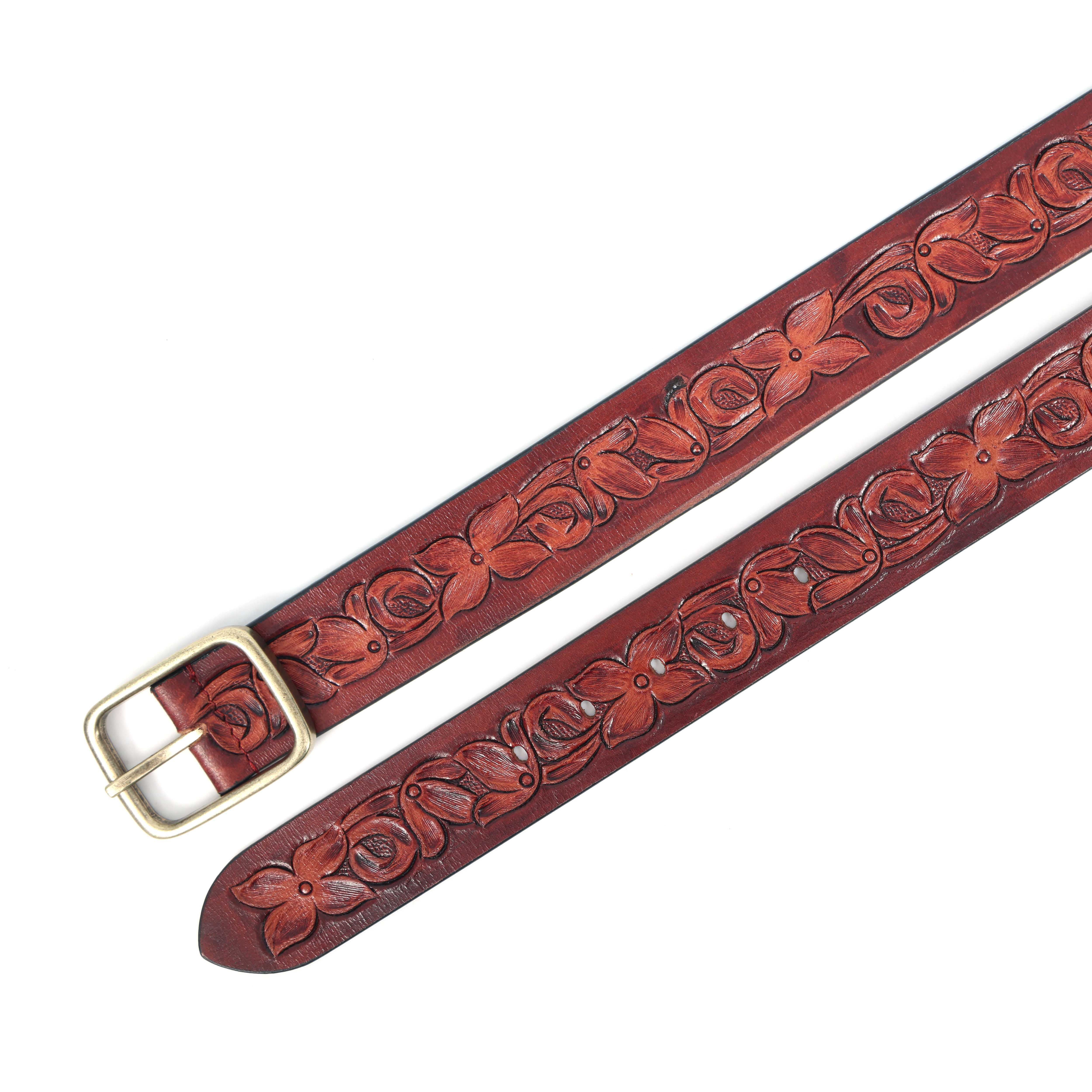 Unisex Handcrafted Floral Leather Belt Vintage Brass Buckle Artisan Carved Waistwear - Image 5