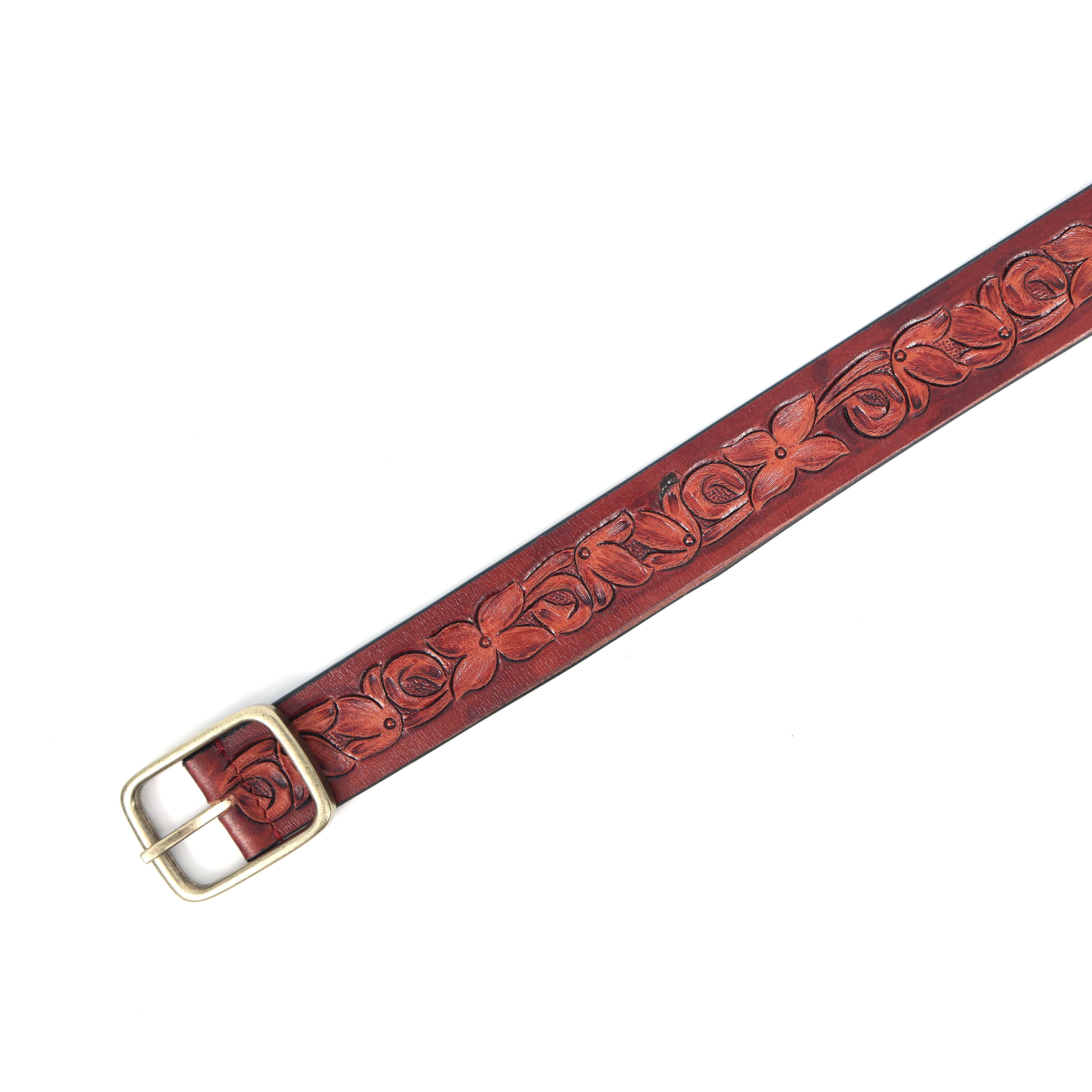Unisex Handcrafted Floral Leather Belt Vintage Brass Buckle Artisan Carved Waistwear - Image 6