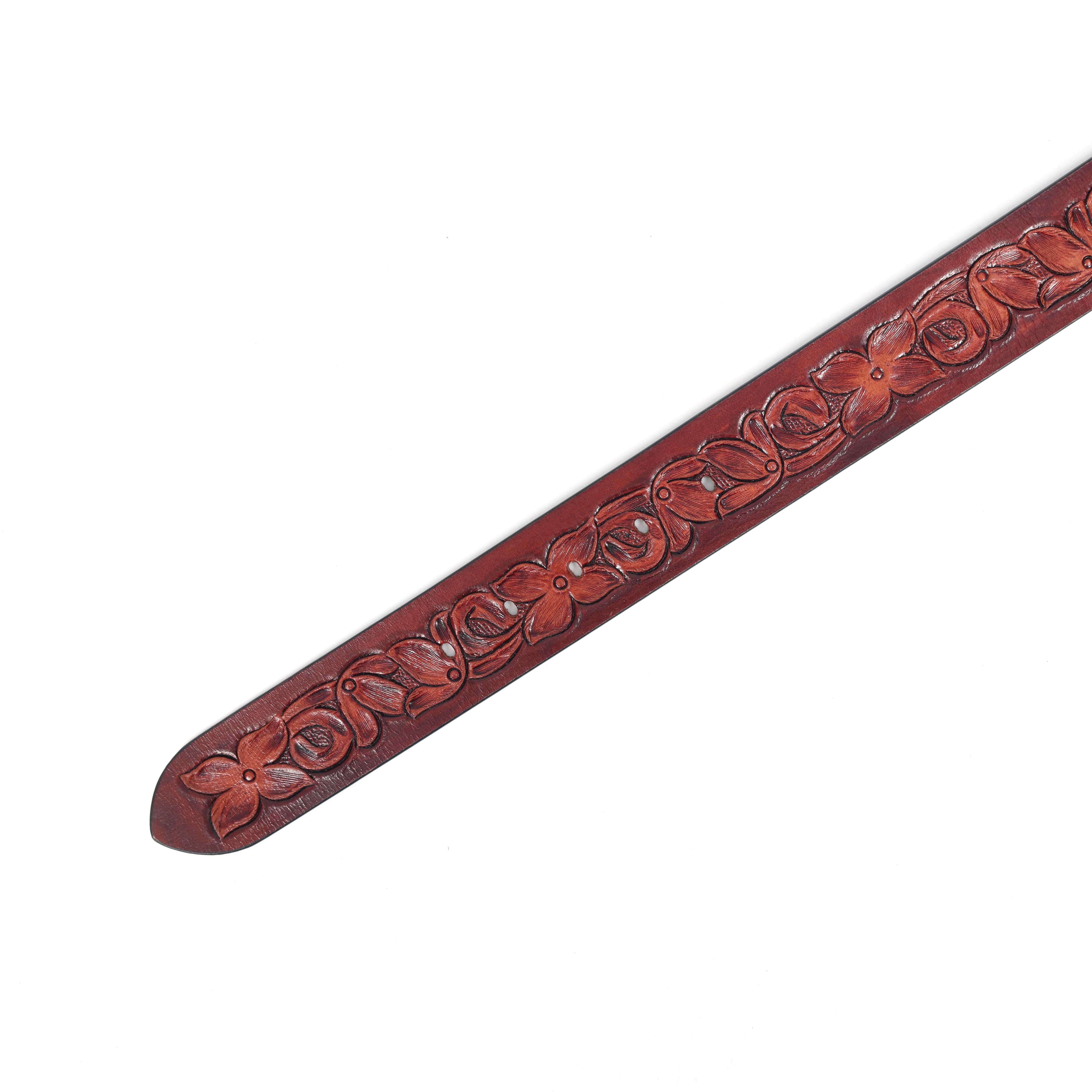 Unisex Handcrafted Floral Leather Belt Vintage Brass Buckle Artisan Carved Waistwear - Image 7